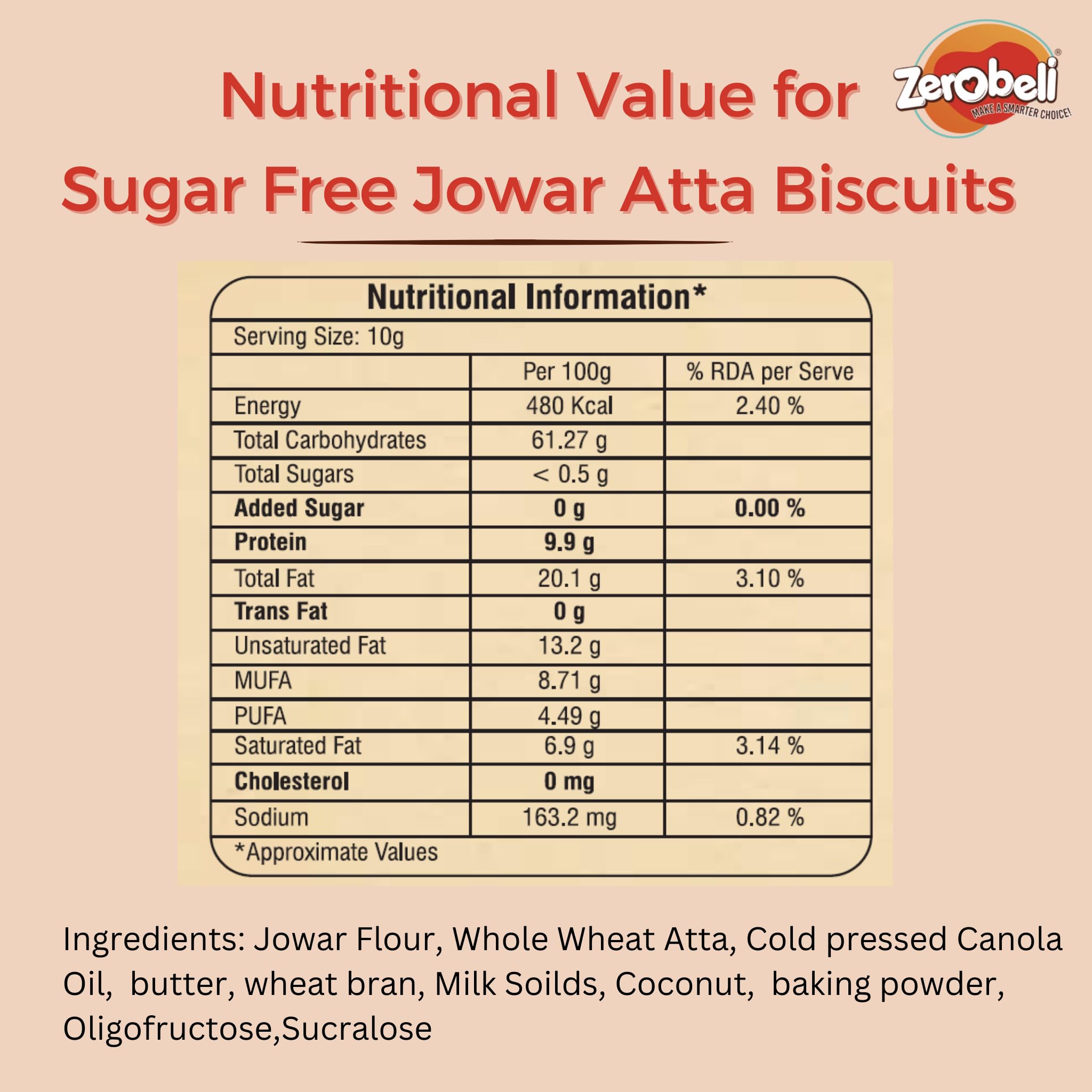 Zerobeli Sugar-Free Jowar Atta Biscuits - 325g | Wholesome, Delicious, and Guilt-Free | Perfect Blend of Nutrition and Flavor | Ideal for Health-Conscious Consumers | 100% Wholegrain, No Refined Sugar | Healthy Snack for Your Wellness Goals - Image 4 thumbnail