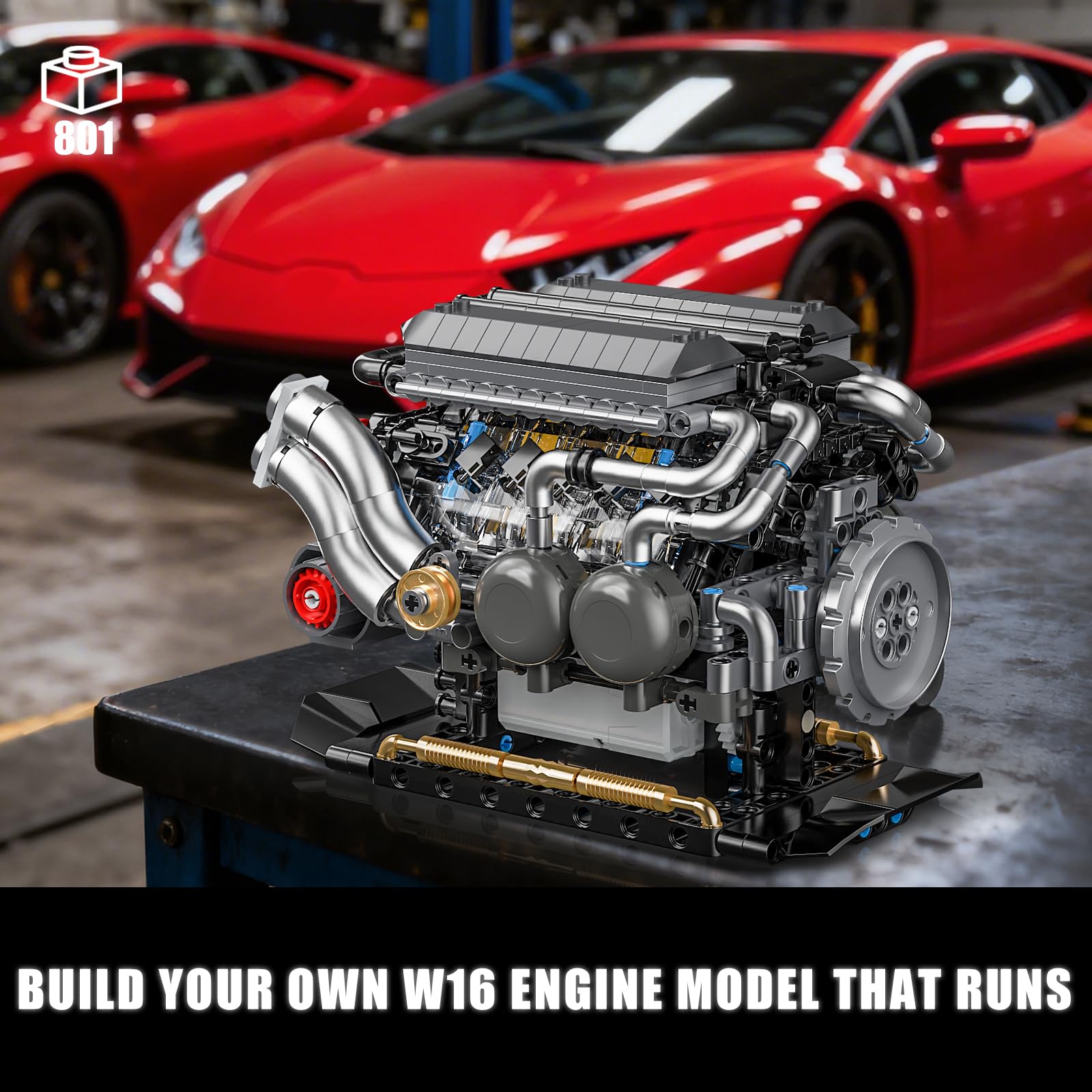W16 Engine Building Blocks Set for Adults, STEM Mini 16-Cylinder Engine Model Kit That Runs, Compatible with Lego Car, DIY Physical Science Experiment Toy for Teens Kids Boys (801 PCS)