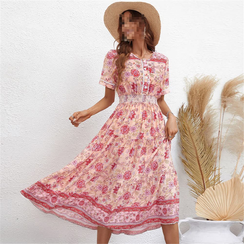 Vsadsau Vestido bohemio para mujer, estampado floral, vestido de playa para mujer, casual, manga larga, cuello en V, vestido midi acampanado