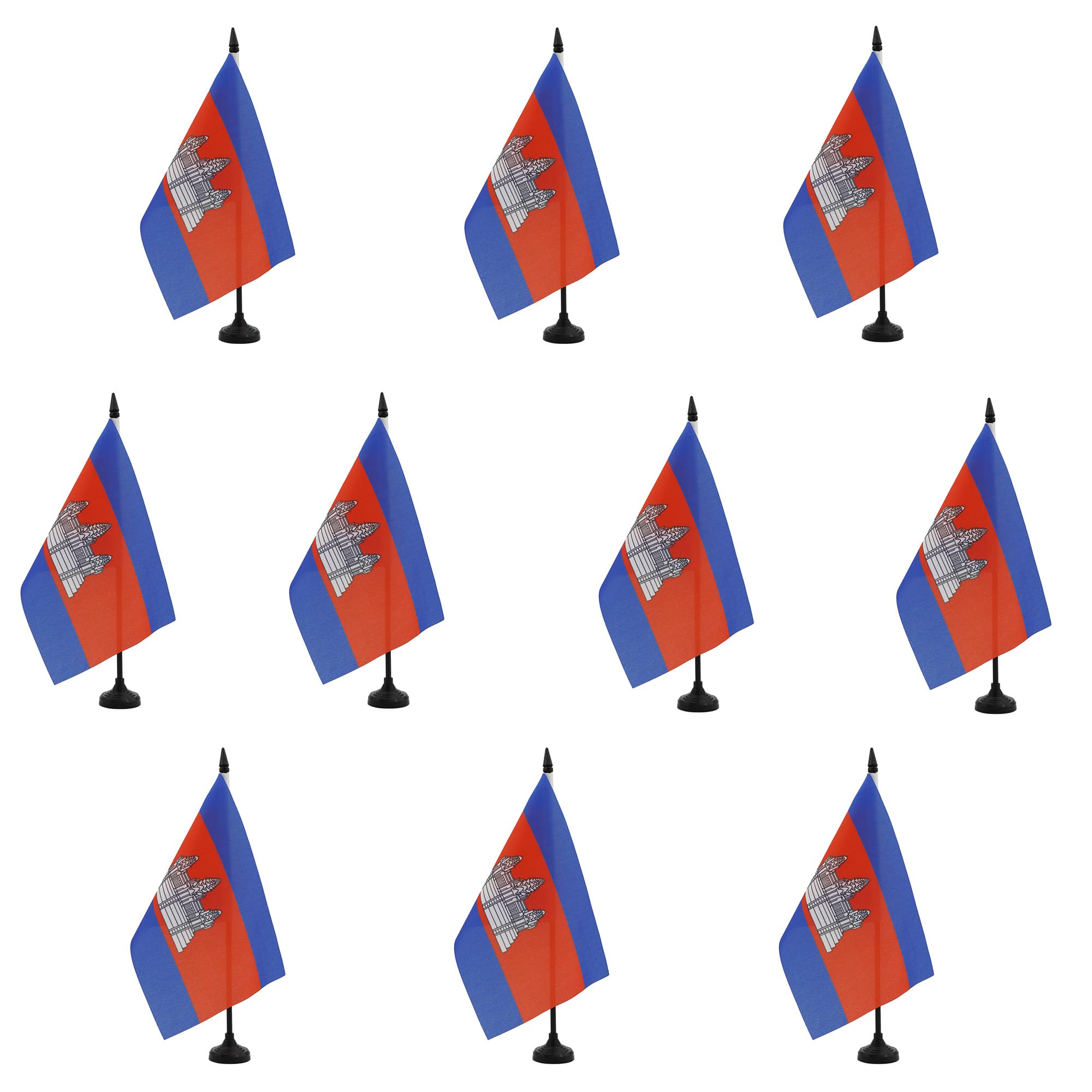 AZ FLAG - Set of 10 Cambodia Table Flag 5'' x 8'' - 10 Small Cambodian Office Flags 100% Polyester 21 x 14 cm - Mini Desk Flag with 10'' Pole and Black Plastic Base