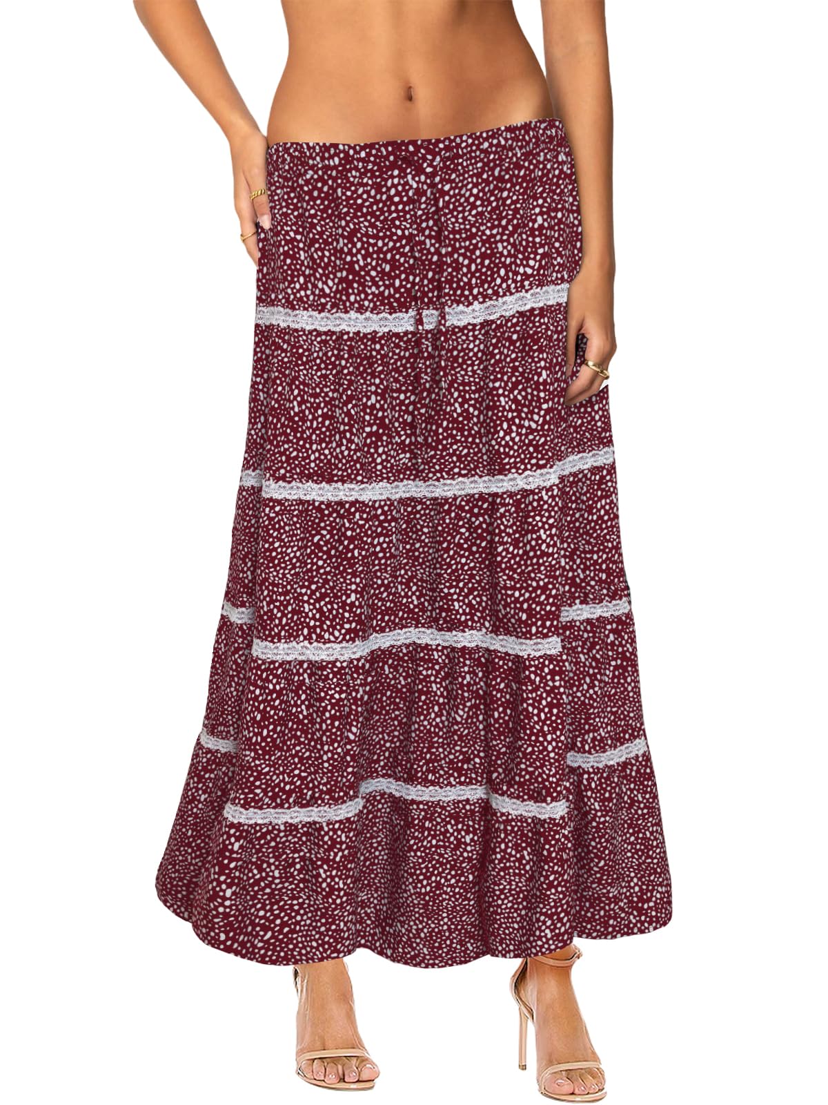 Womens Boho Floral Print Maxi Skirt Elastic High Waist Long Skirts Vintage Casual Festival Holiday Pleated Tiered Skirts for Summer Fall Spring