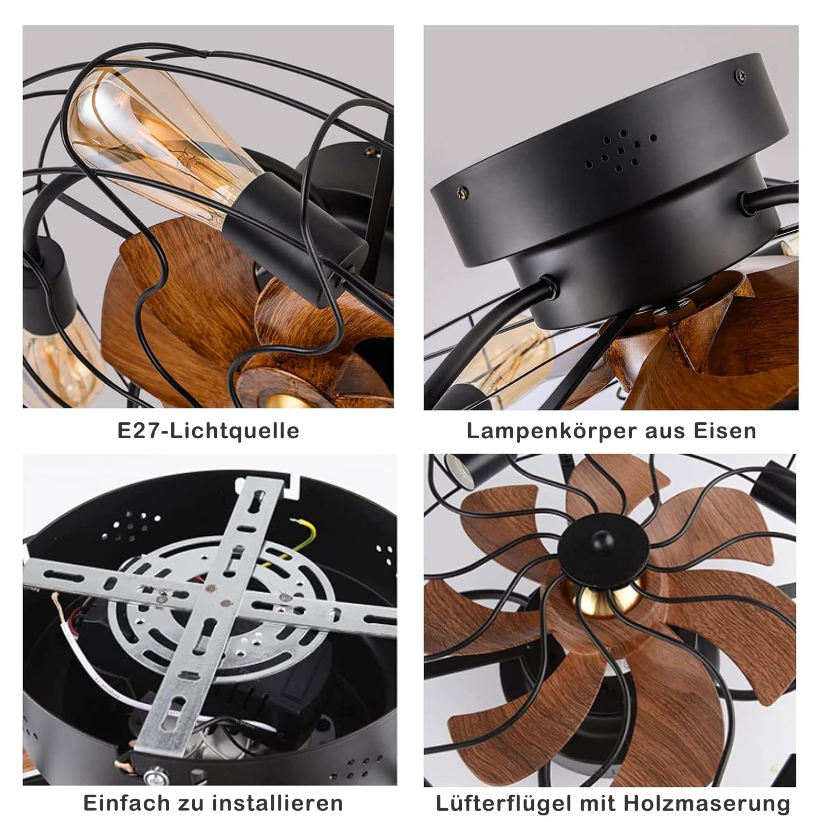 MiiR Ventilateur De Plafond Avec éclairage E27 Ampoule Rétro Ventilateur Plafonnier Avec Télécommande 6 Niveaux De Vitesse Du Vent Lumière Réglable Avec Ventilateur Salon Chambre Salle à Manger