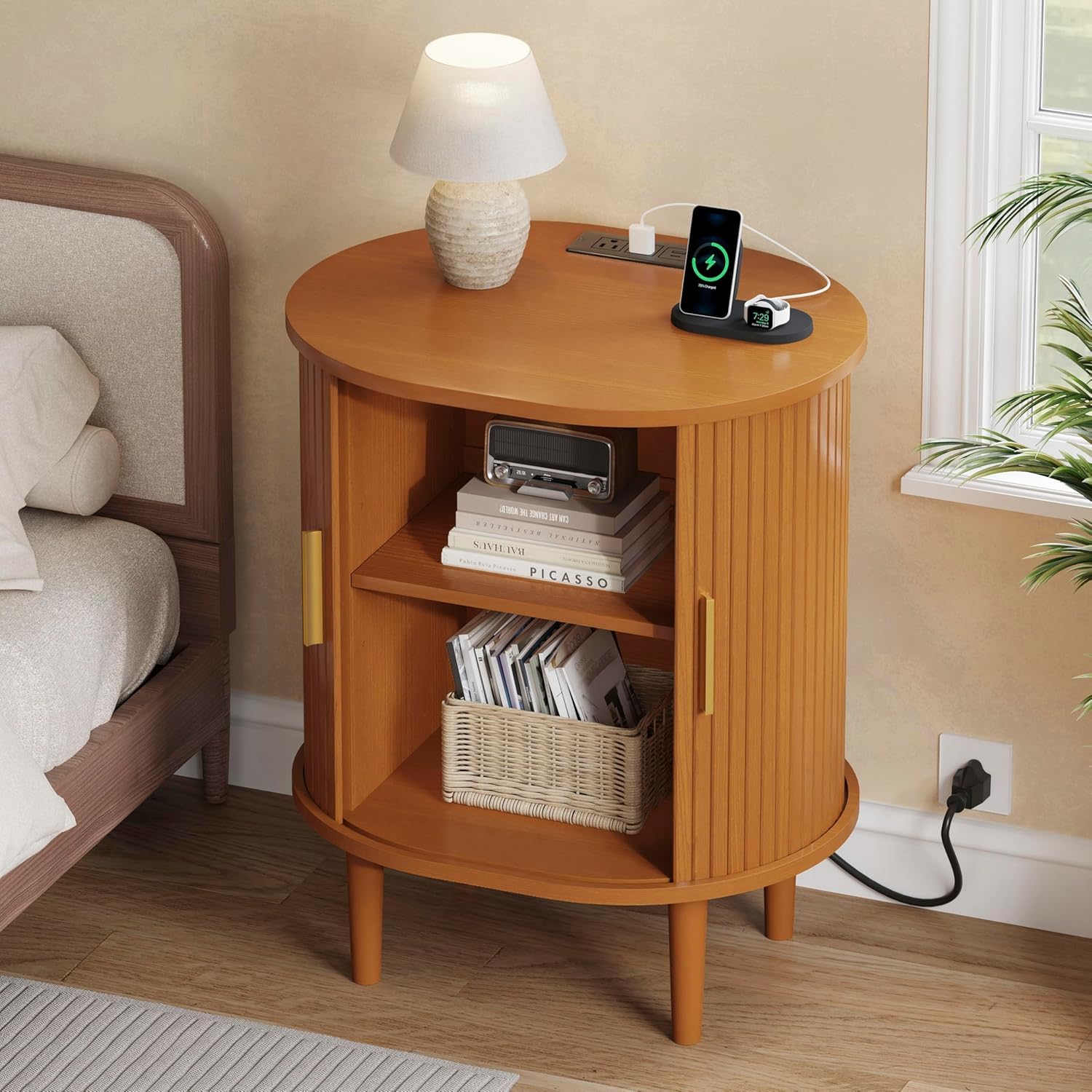 DHH Mid Century Modern Nightstand with Charging Station, Fluted Accent Side Table with Sliding Door &amp; Adjustable Shelf, End Table for Small Space, Living Room, Bedroom,Sofa Couch(1, Yellow)
