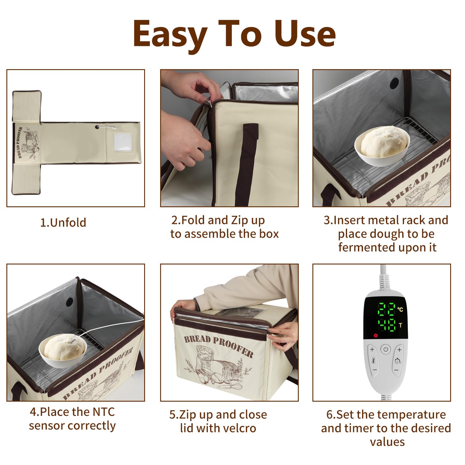Brot Gärbox Sauerteig, Faltbare Gärbox mit Dreiseitige Oberflächen Heizung Temperaturregelung von 10–45 °C, 48H Timer Brot Gärschrank mit NTC-Sensor & Abkühlgitter für Sauerteig, Pizza, Joghurt