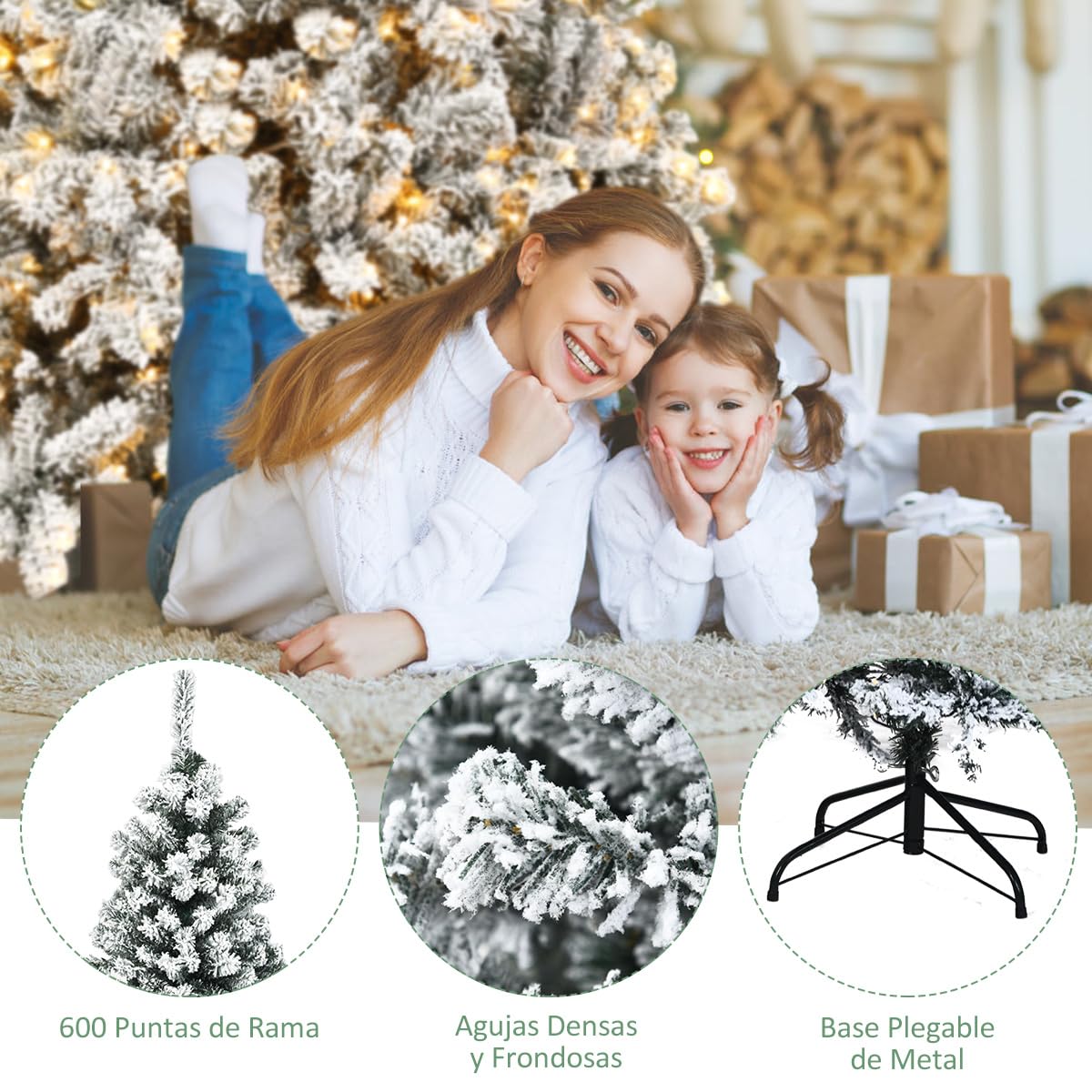 RELAX4LIFE Árbol de Navidad Nevado de PVC Ignífugo con 250/450 Luces LED Cálidas, Árbol de Navidad con Nieve, Base de Metal, Arvore de Natal Automático para Casa/Oficina/Tienda (225cm, 1010 Ramas)