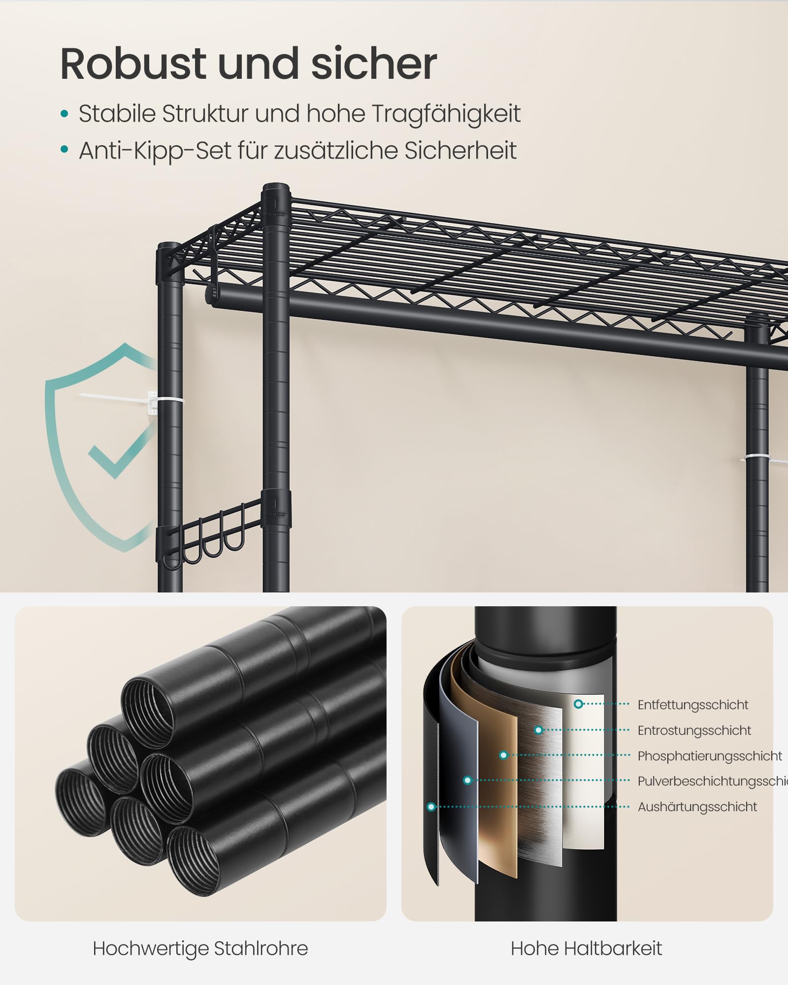 SONGMICS Kleiderständer, Schwerlast, 2 Kleiderstangen, bis 192 kg | Garderobenständer aus Stahl, mit Rollen, Höhenverstellbar, 2 Ablagen, 90 x 40 x 199 cm, DALTEN Kollektion LGR416BH01