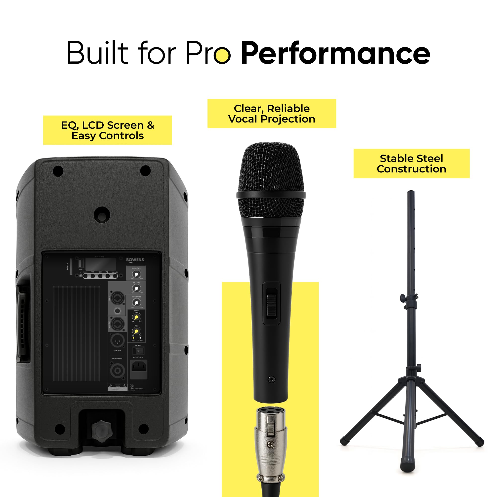 BOWENS 10 Inch 1000W PA System with Microphone – Portable DJ Speakers with Bluetooth, USB/SD, LCD Display & Remote Control – Pro PA Speaker System, 150W RMS Big Speaker for Parties & Events