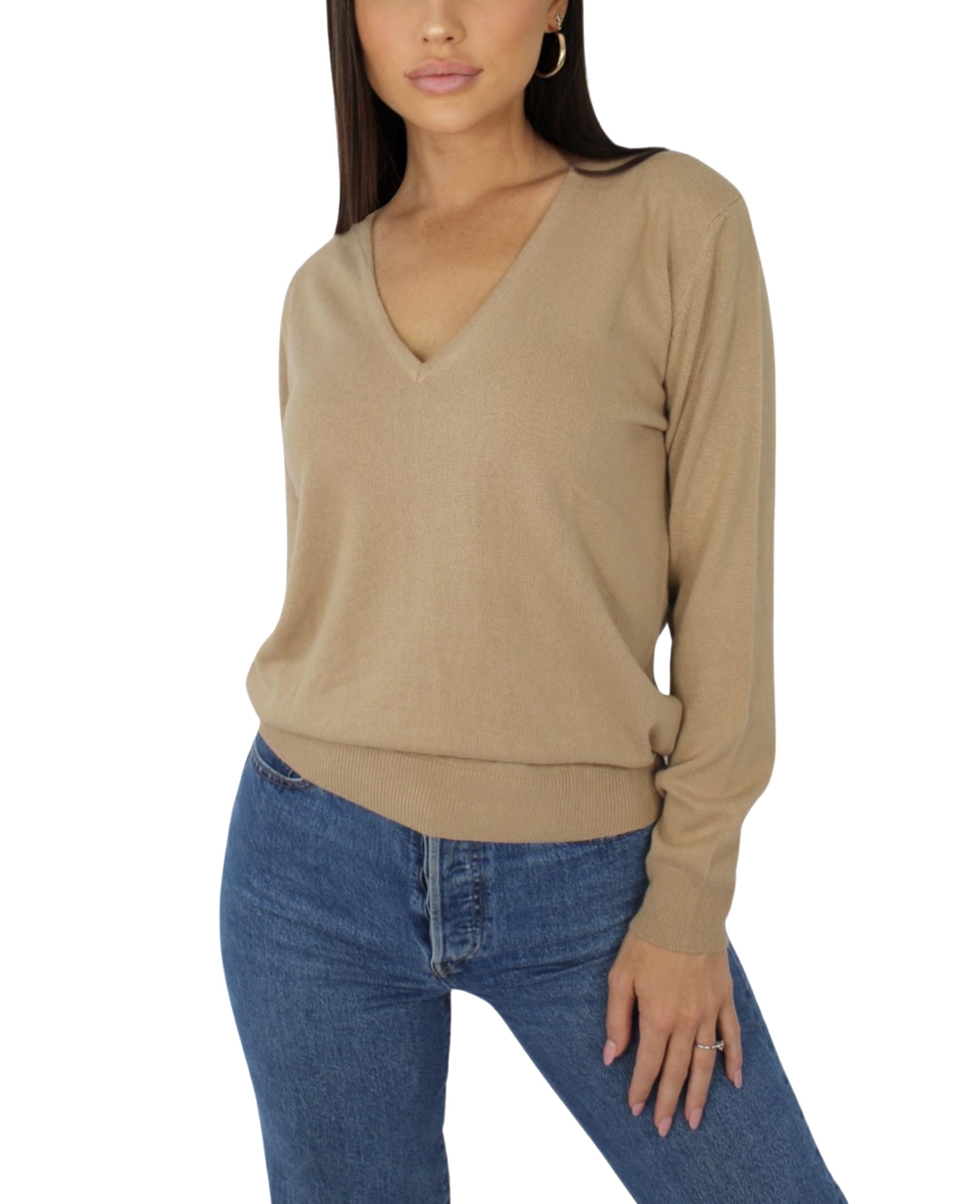 Win's Women's Cashmere V-Neck Sweater, Made in Italy, Camel, XXL