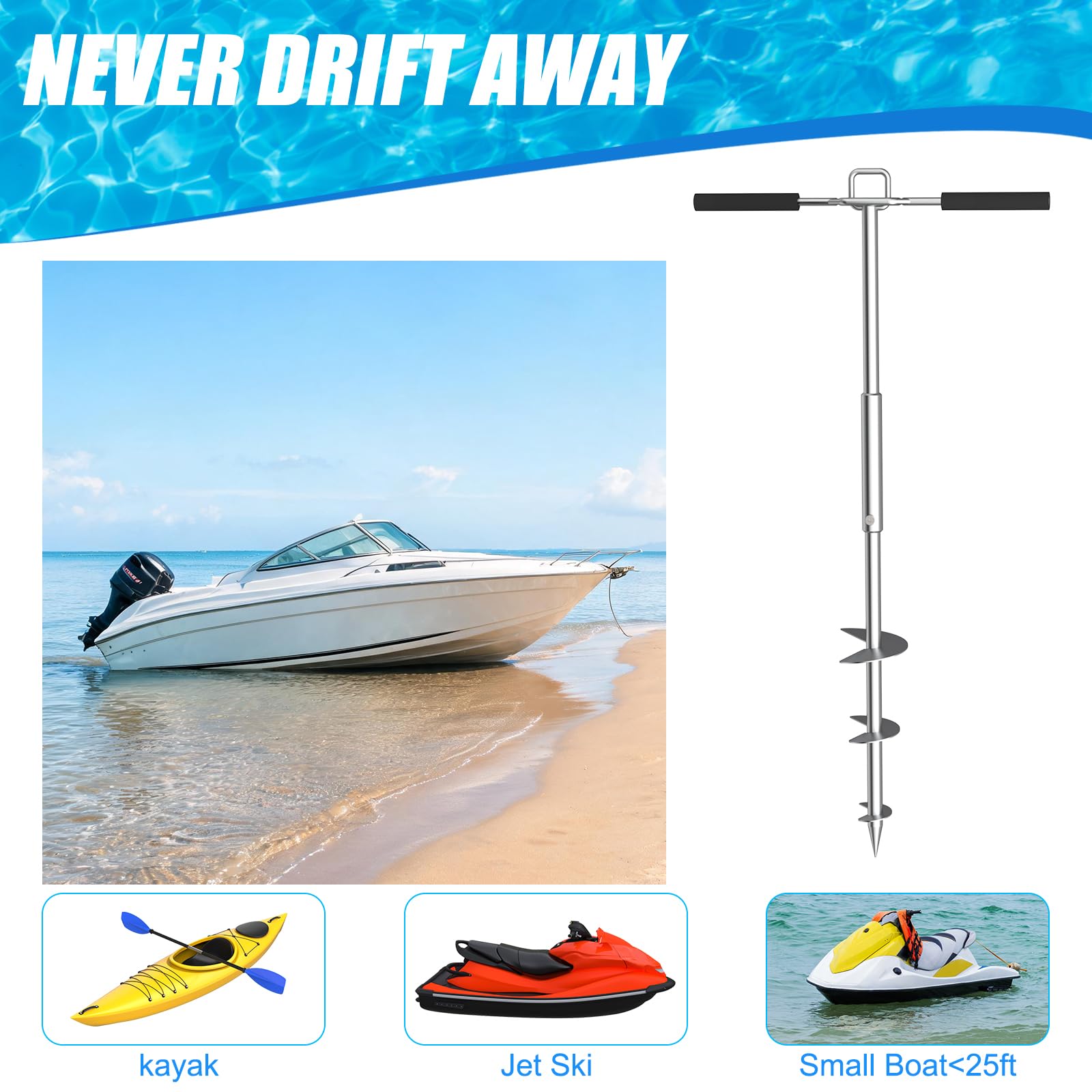 itayak Anclaje de arena para barco, de acero inoxidable 316 PWC, ideal para pontón, kayak y esquí acuático, se mantiene de forma segura cerca de la playa de arena o aguas poco profundas, diseño