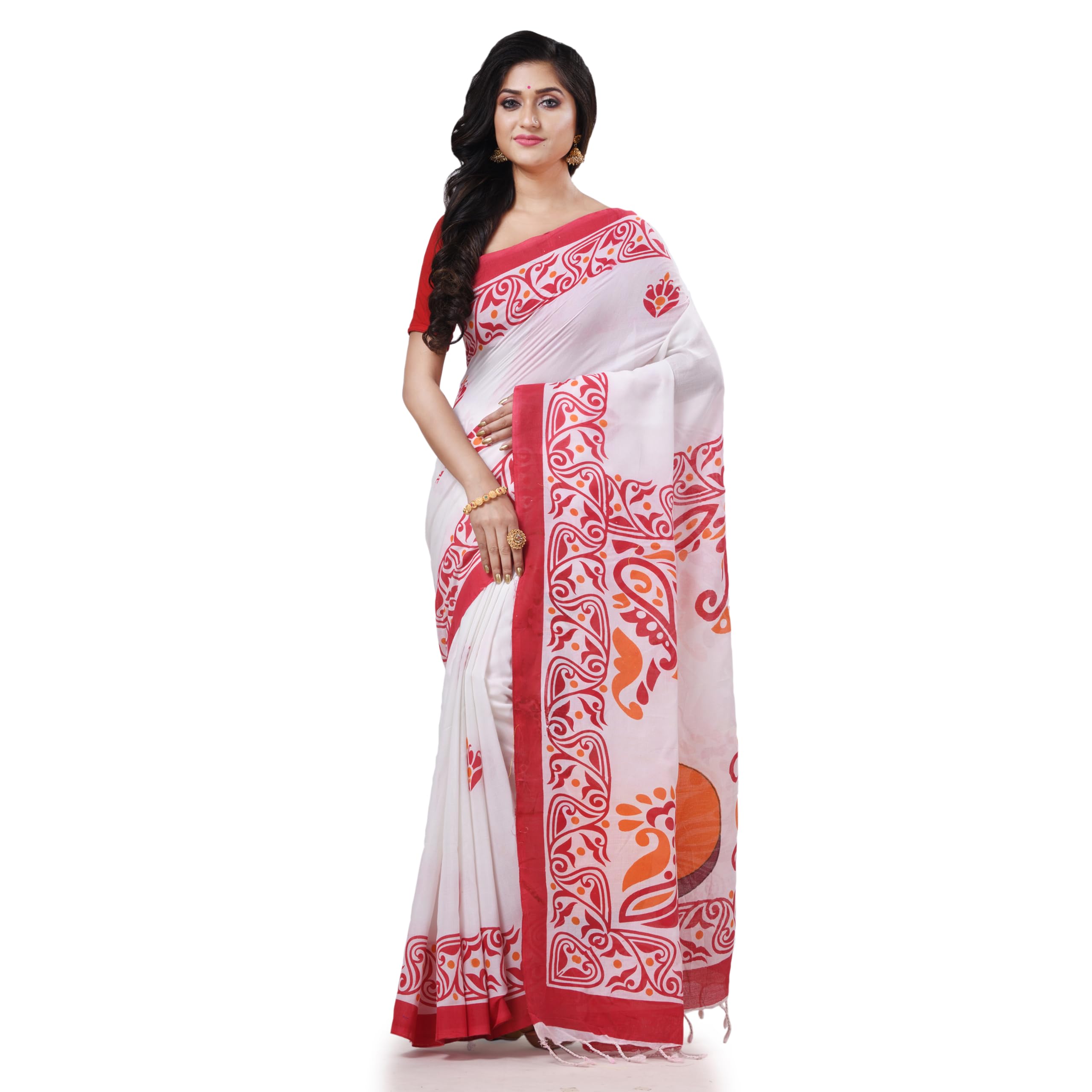 dB DESH BIDESHWomen's Pure Cotton Handloom Saree Uma Ganesh Printed Design Handloom Saree with Blouse Piece (Orange Red White)