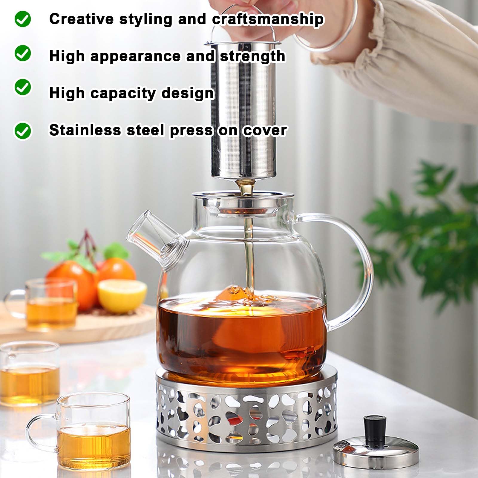 1.5L Teekanne mit Siebeinsatz und Deckel, Teekanne aus Glas Borosilikat, Glas Teebereiter mit Abnehmbare Siebeinsatz & Stövchen, Glasteekanne für Losen Tees Fruchttee Duftender Tee