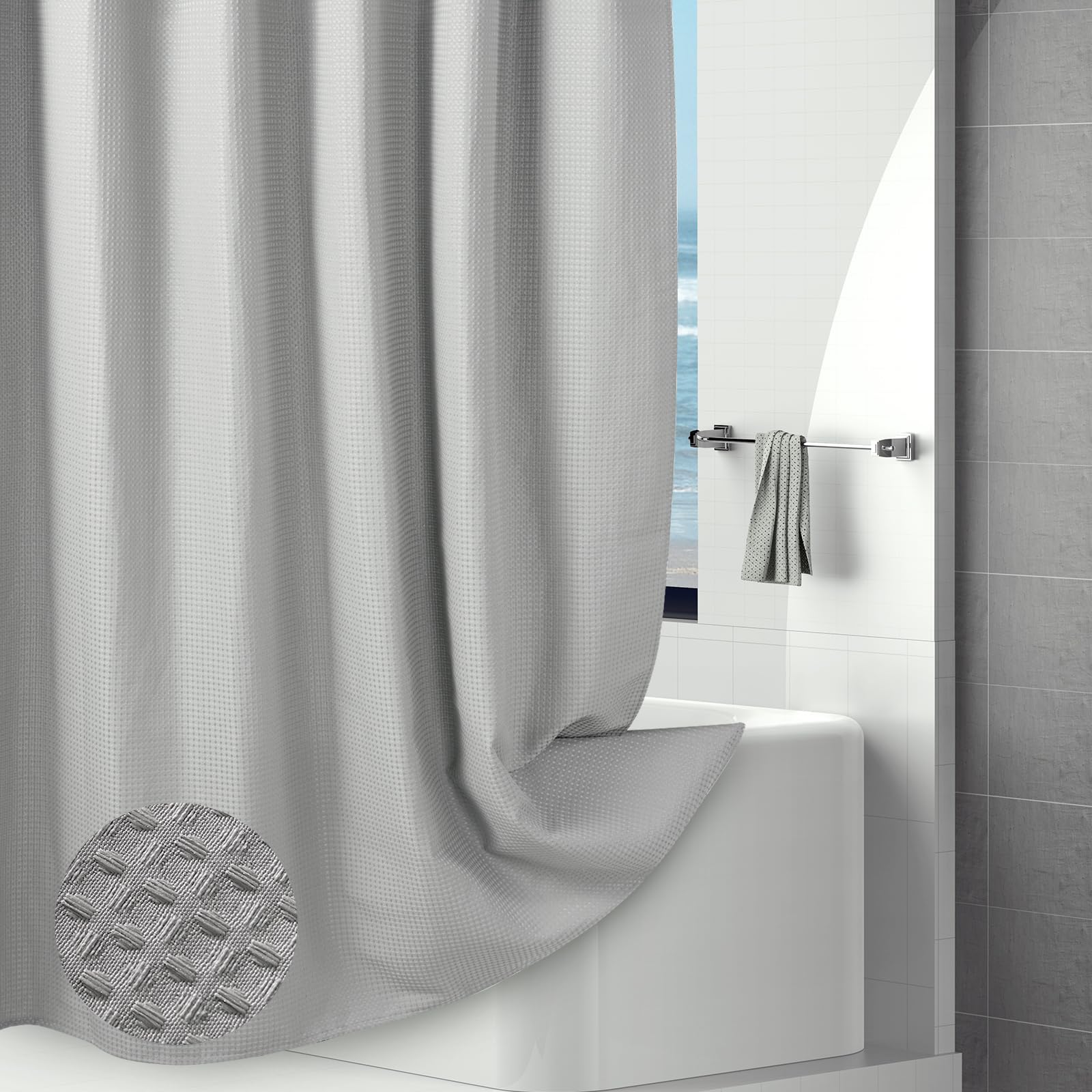 Hotel Style Waffle Weave Shower Curtain, Water Repellent Heavy Duty Fabric Texture Bath Curtain with Weighted Hem, Washable Wet Room Shower Curtains for Bathroom and Bathtub, 183x183cm, Light Grey