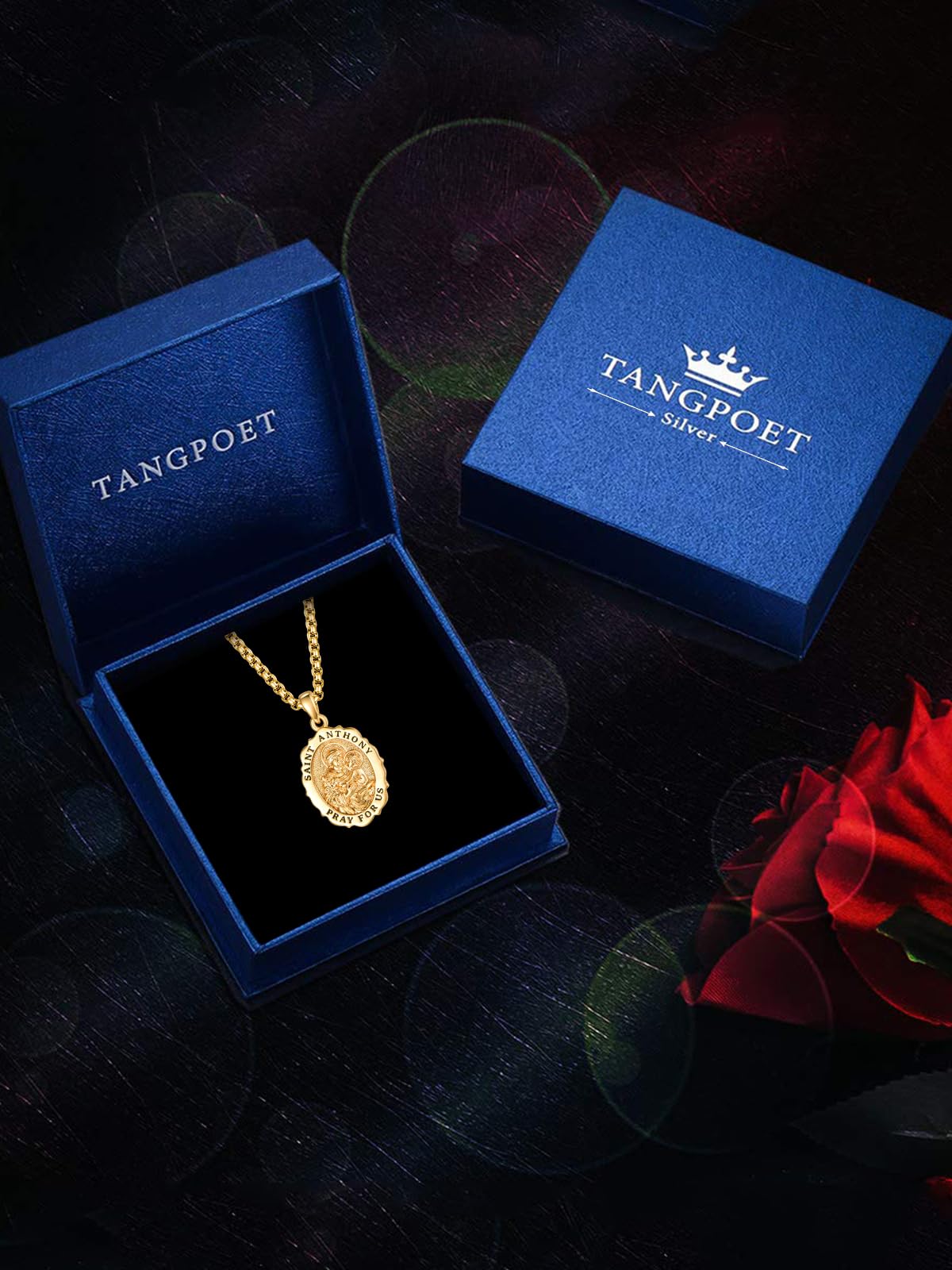 TANGPOET Naszyjnik z wisiorkiem ze świętym medalem dla mężczyzn i kobiet, srebro wysokiej próby 925, pozłacany, amulet ochronny, katolicki, chrześcijański, biżuteria religijna, prezenty na urodziny