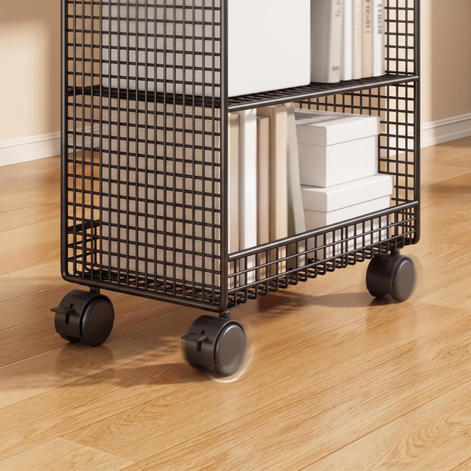 Mobile Libreria Carrello Scaffale Ripiano Cestino con Ruote in Ferro Struttura a Maglia Accesso Rapido Maniglie Laterali Salvaspazio Adatto per Camera, Nero, Tre Ripiani Con Ruote