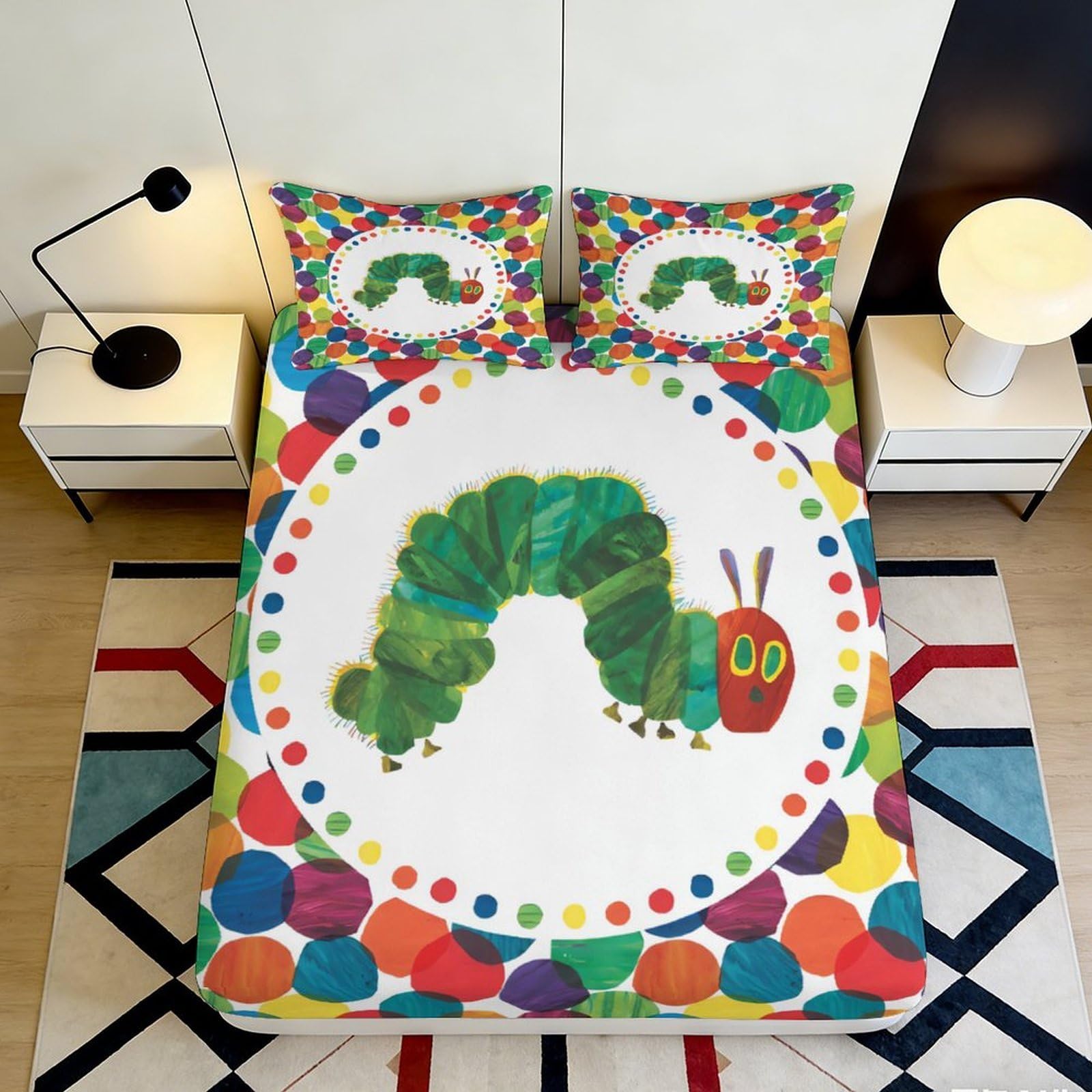 3D Printed Colorful Caterpillar Fitted Sheet Microfiber Soft Breathable Polka Dot Bed Cover for Bedroom Guest Room Decor 90x200x25cm