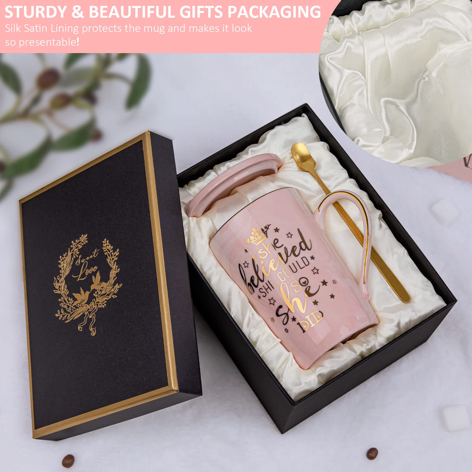 Graduation Gifts for Her 2026 - She Believed She Could So She Did Mug - Valentines Spiritual Motivational Congratulations Gifts for Women, 14oz Pink Ceramic Marble Gold Print Coffee Cup, Nicely Boxed