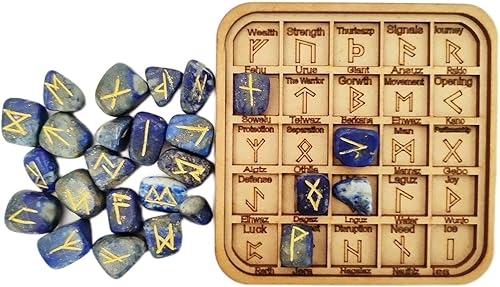 Nirdesh Juego de piedras rúnicas de cristal con lapislázuli azul, piedras preciosas vikingas, reiki, curación, dorado, grabado, alfabetos rúnicos,