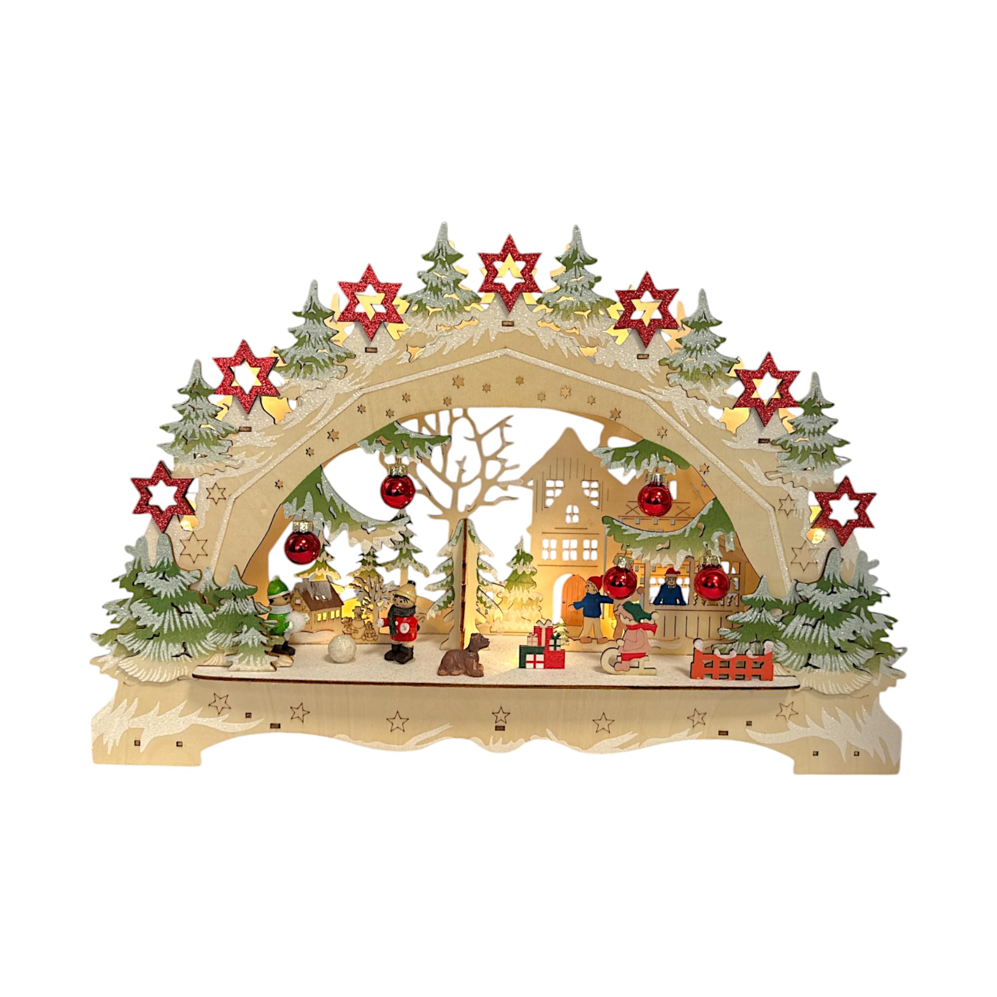 Wichtelstube-Kollektion LED Schwibbogen Weihnachtsmarkt Lichterbogen Weihnachten beidseitig bemalt Schwippbogen Echtholz batteriebetrieben mit integrierten Timer 45cm