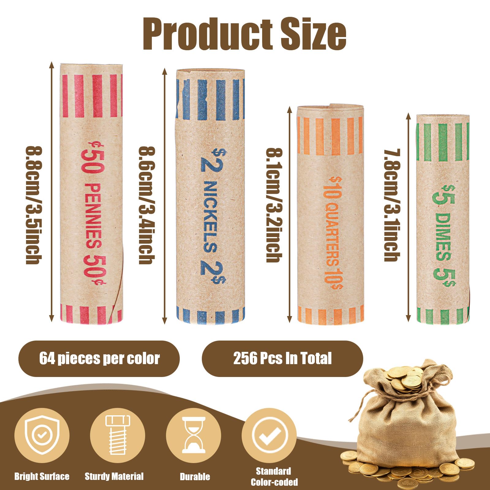 256 Stück sortierte vorgeformte Münzrollen – bunte Kraftpapier-Münzrollen für Viertel, Pennies, Nickels, Dimes (4 Größen, 4 Farben)