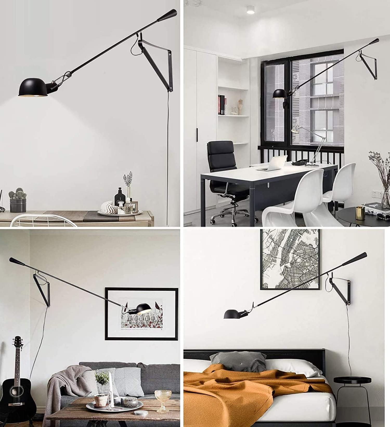 Schwenkarm Wandleuchte,industrial Retro Vintage Wandlampe Verstellbar Schwenkbarem Wandlicht Metall Zubehör mit schalter innen Wandbeleuchtung für Kaffeehaus Wohnzimmer Nachttisch Lesen Küche,Schwarz