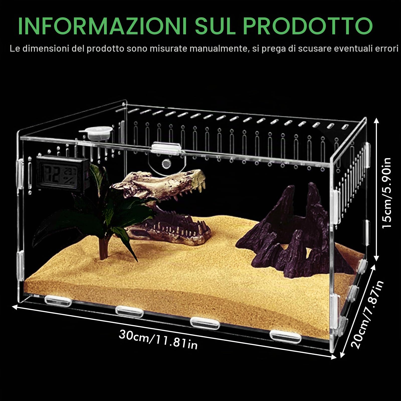 Terrario in Acrilico - 30 x 20 x 15 cm - Mini PC - Trasparente - Per lumache, insetti, scorpioni, leopardi, gechi, granchi eremiti