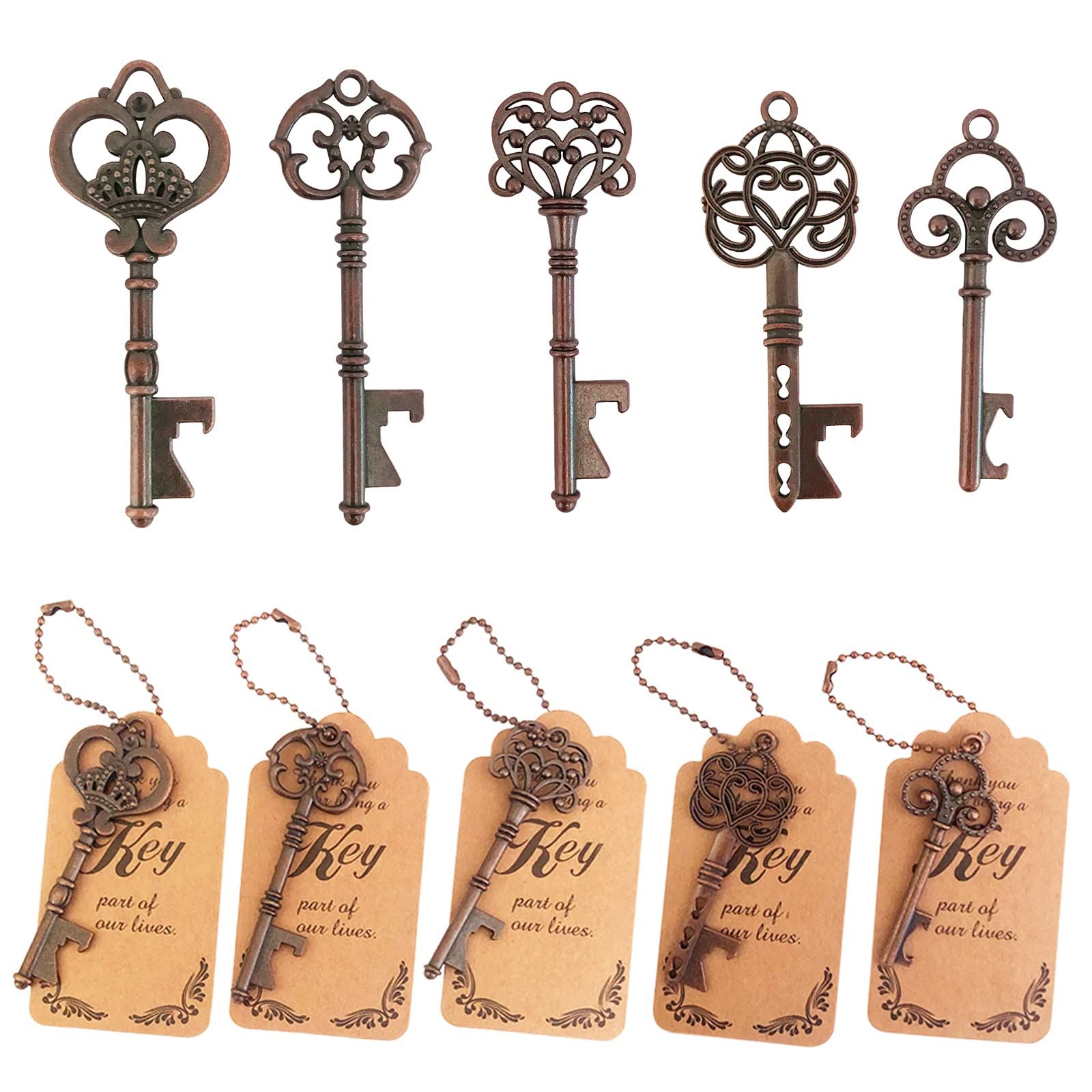 WODEGIFT 50pcs Skeleton Key Bottle Opener Wedding Party Favor Souvenir Gift with Escort Tag and Red copper Chains (Red copper,5 styles)