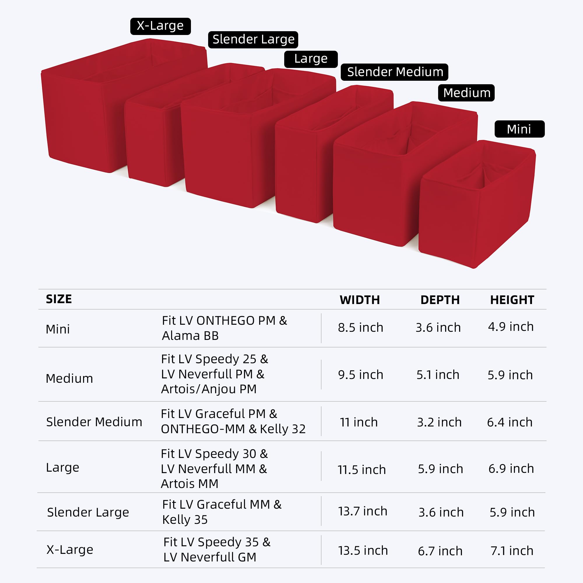 Taschenorganizer.HandtaschenOrganizer.MultiTaschenDesign,faltbar,handgefertigt aus Nylon und Satin,seidig und glatt,kann für viele Taschen verwendet werden(XL-Rouge moyen)