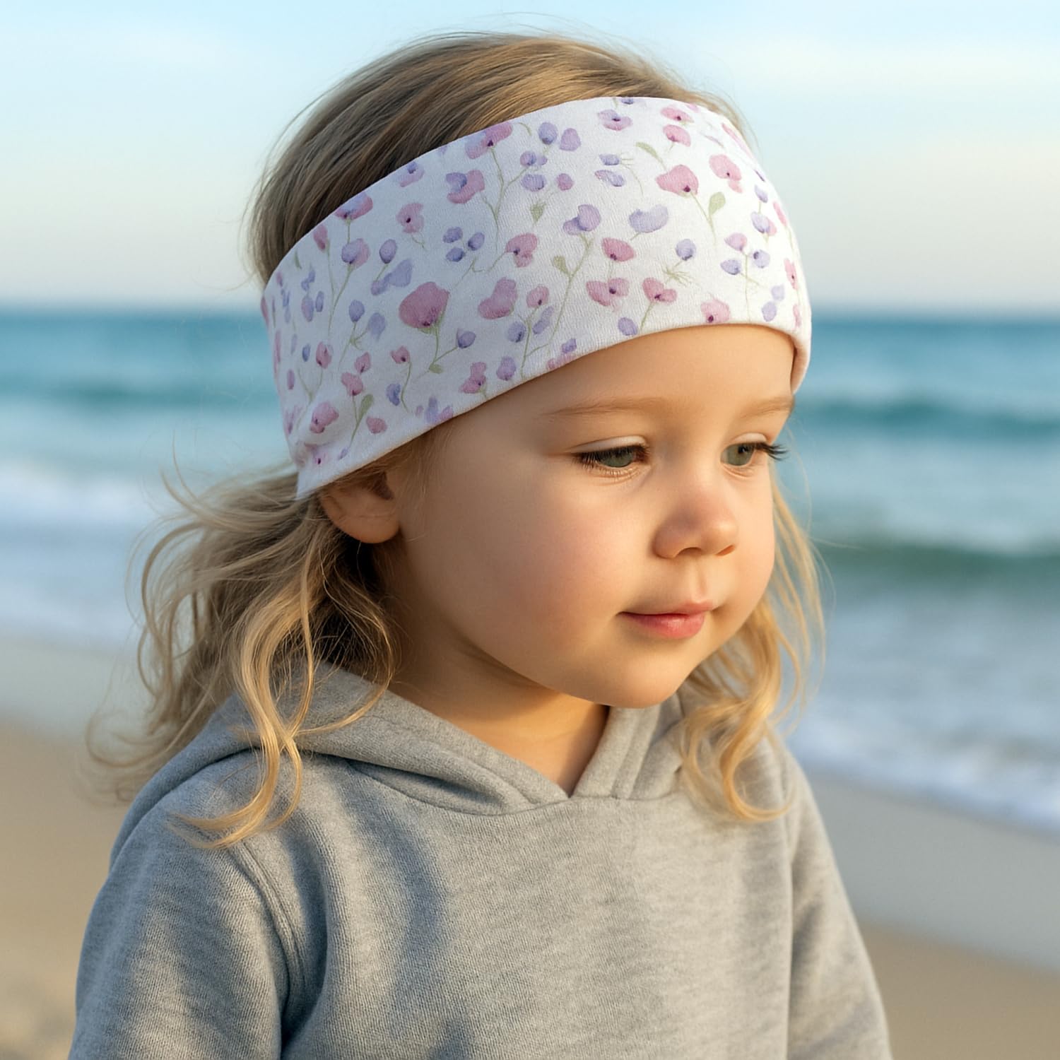 Wollhuhn ÖKO MINI Kinder Breites Elastisches Stirnband/Haarband Deutsche Herstellung Bequem Baumwolle (KU 48-52) (Aquarell Blümchen)