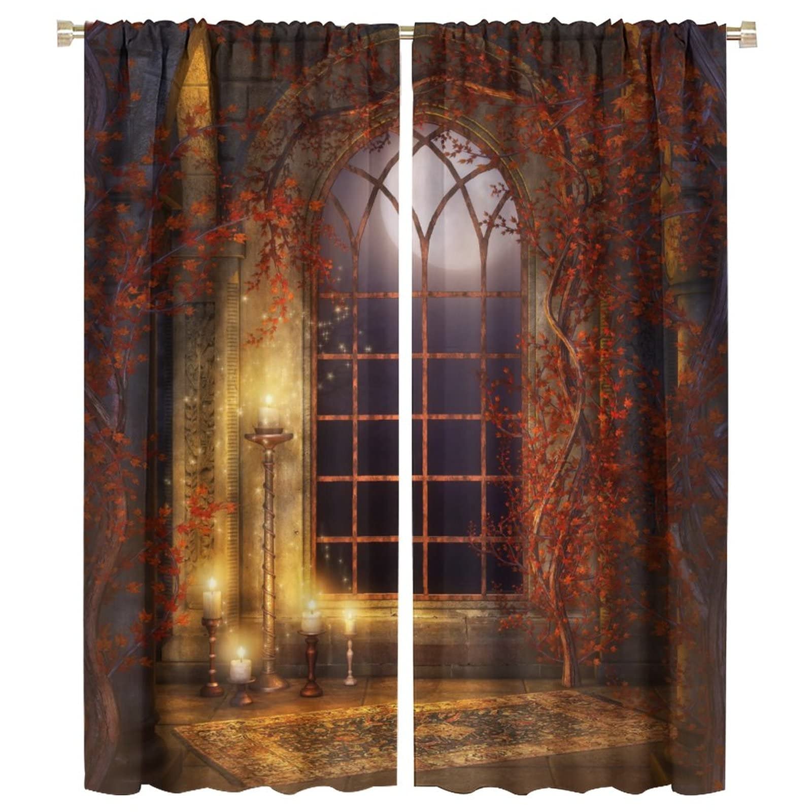 Gothic Curtains,Romantic Autumn Maple Vine Medieval Castle Arch Vintage Theme Rod Sleeves Window Drapes for Living Room Bedroom Bathroom Decor W42xL54in
