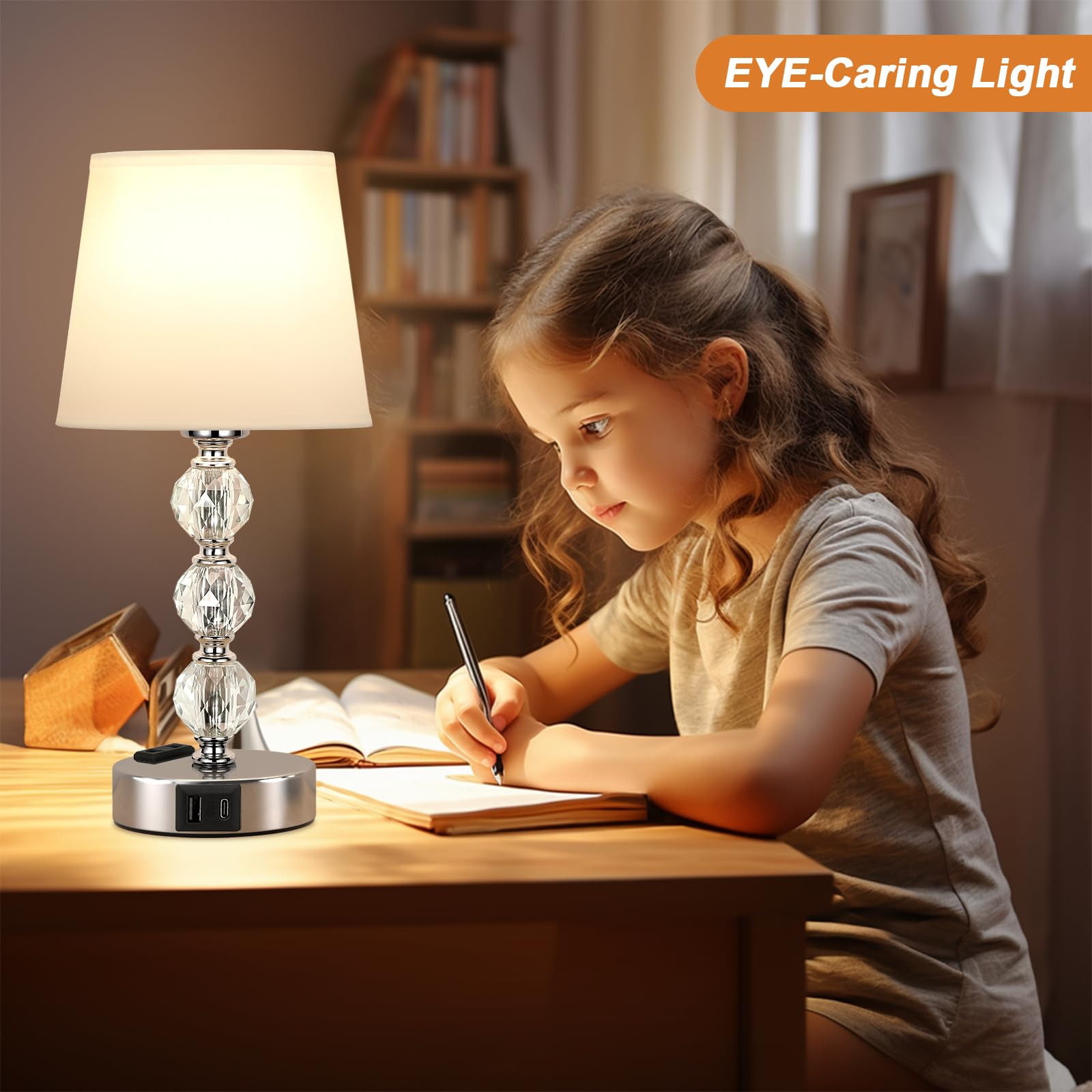 Set di 2 Lampade da Comodino in Cristall, Abat Jour da Comodino Touch Dimmerabile a 3 Vie con Porte USB-A+C+2 Presa CA, Lampada da Tavolo per Camera da Letto Soggiorno Ufficio(2 Lampadine Incluse)