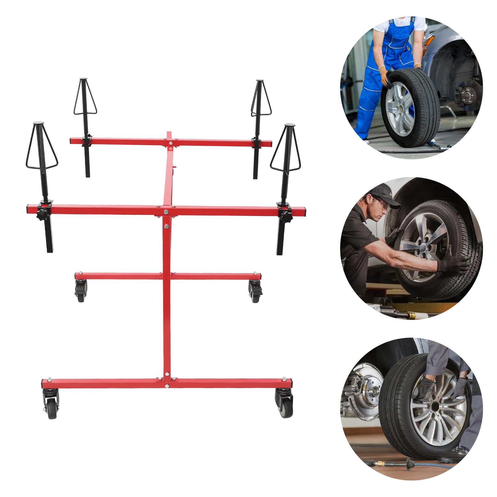 Felgenlackierständer Fahrbarer | Felgenlackierbock | 360° Drehbarer Lackierständer auf Rädern | Lackierständer für 4 Felgen zum Reparieren, Vorbereiten, Lackieren von Felgen und Karosserieteilen (Rot)