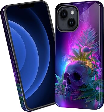 Dual Layer Shockproof Case for iPhone 13 Mini Heavy Duty Protective Phone Cover, Anti-Scratch, Raised Camera & Screen Protection,Skull with Plants and Smoke