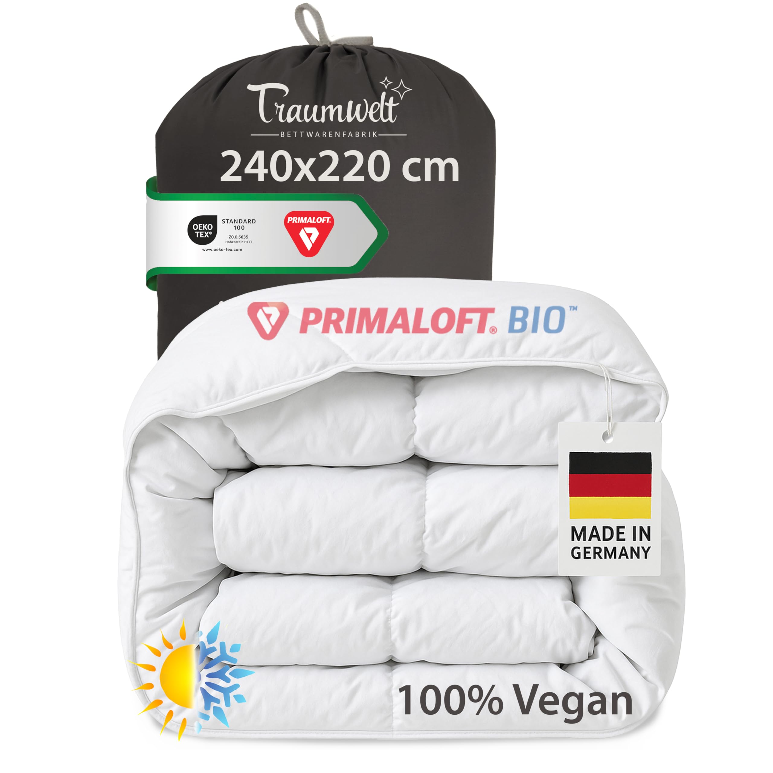 Taumwelt Natur Made in Germany Bettdecke 240x220 cm, Daunenalternative mit Primaloft Bio Mikrofasern-Füllung, für alle Jahreszeiten, Füllgewicht: 1220g, weiß, Allergiker geeignet, Öko-Tex 100
