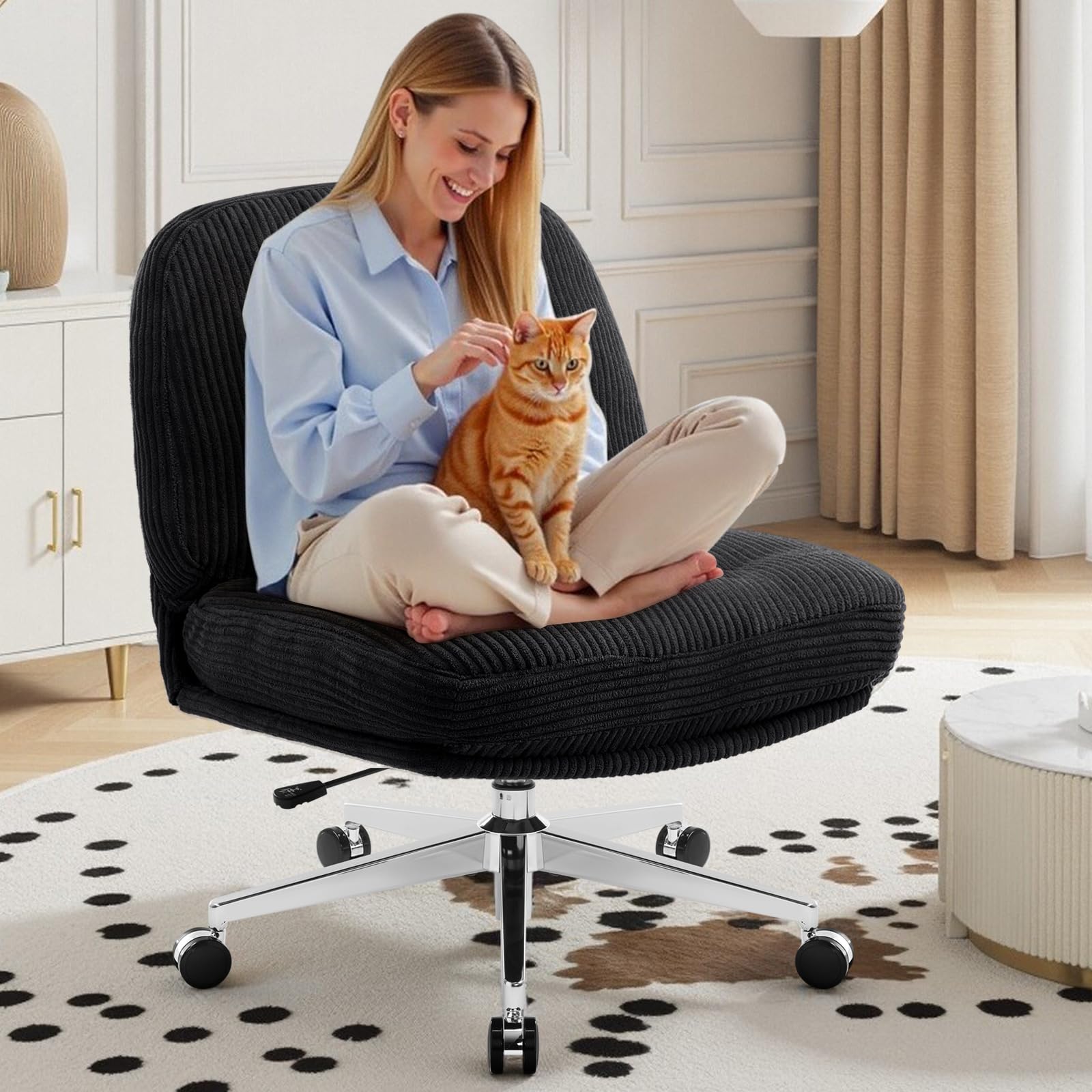 IWMH Bürostuhl ohne Armlehne, Sessel Wohnzimmer mit gekreuzten Beinen | Ergonomischer Drehstuhl mit Extra Stoff großes Kissen ,Schreibtischstuhl für Heimbüro,Schlafzimmer (Schwarz mit Rollen)