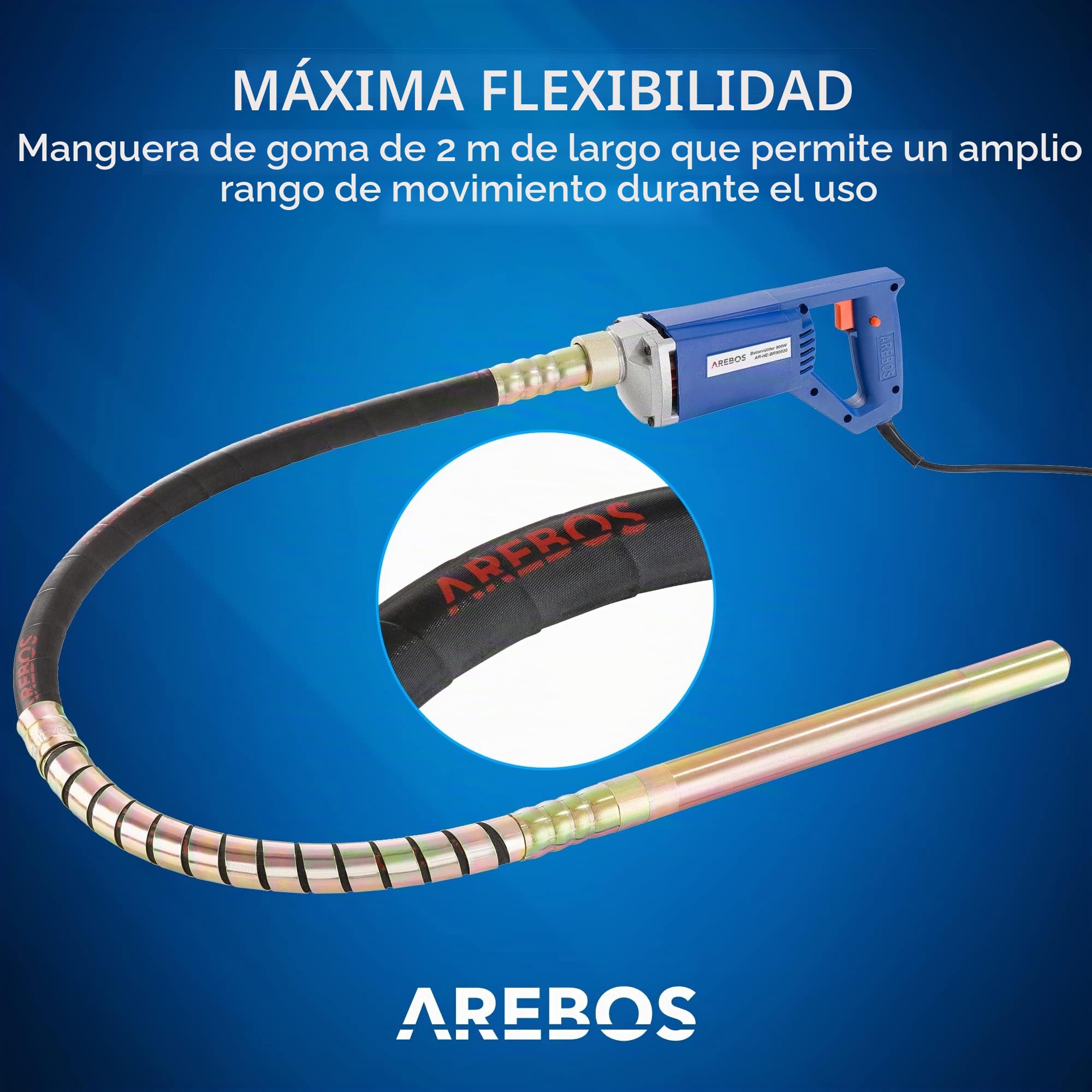 Arebos Vibrador de hormigón | Aguja vibrante electrica | Vibrador de construcción eléctrico | 800W | longitud de varilla vibratoria de 2m | para concreto