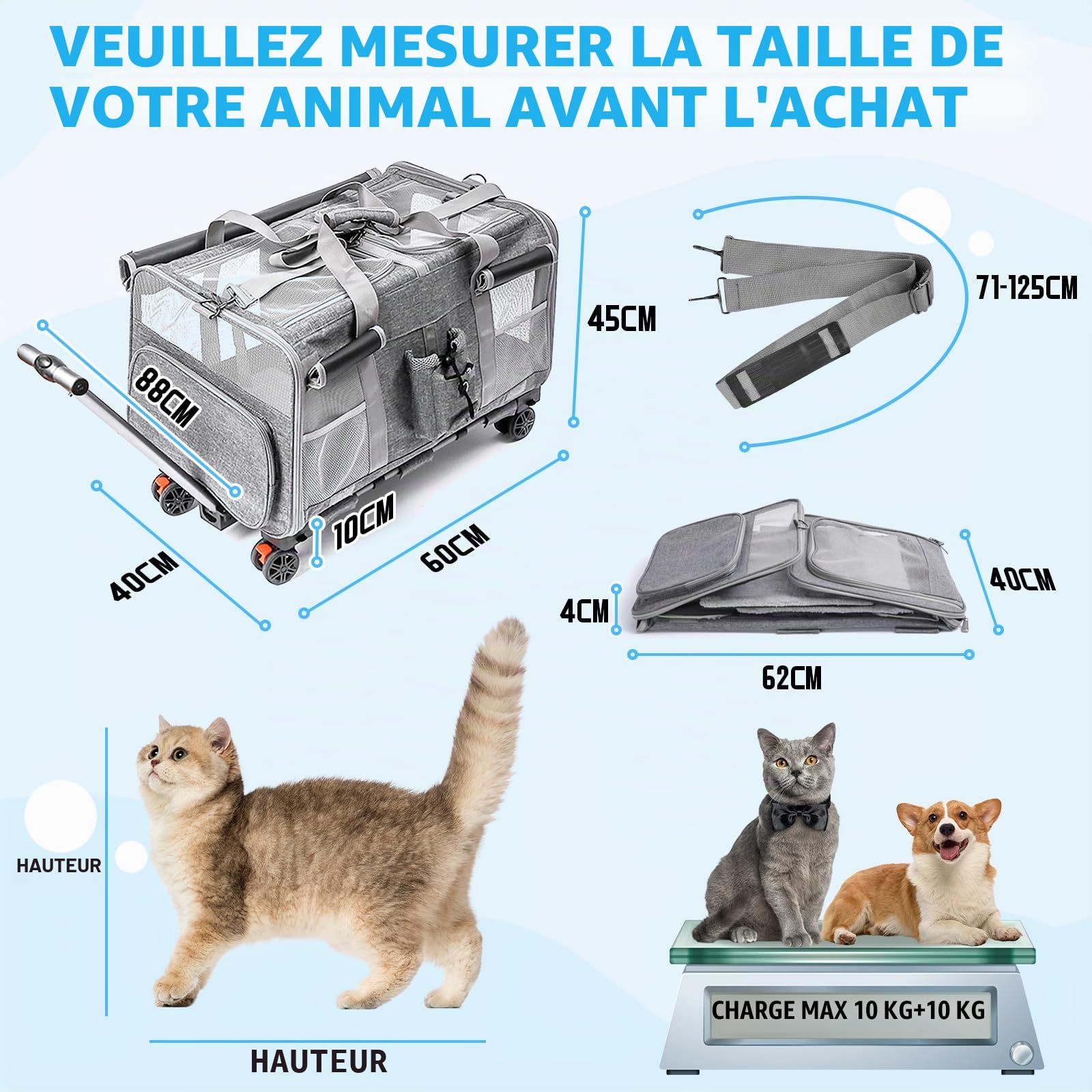 Sac à roulettes pour Chat Chien Pliable Transporteur Roulant, Sac de Transport Chats Poignée Télescopique Bandoulière pour 2 Chats et Petits Chiens jusqu'à 20 kg, Design ventilé
