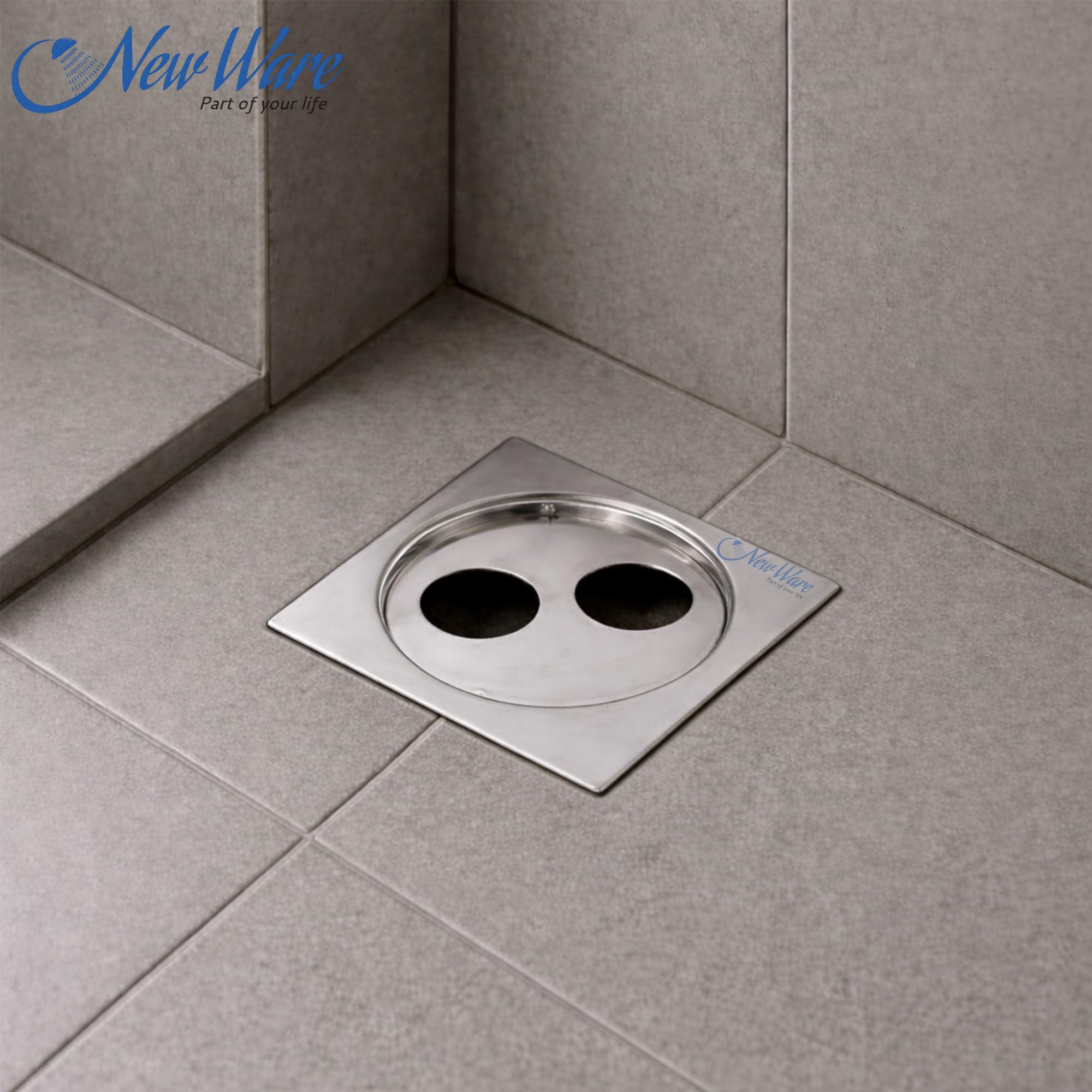 NEW WARE® 5x5 Inch Stainless Steel Bathroom Floor Drain Jali with Trap | Double Hole Water Drain Grating | Anti-Clog Rust Resistant Chrome Finish Drain Cover for Bathroom, Shower & Wash Area — Amazon image 6