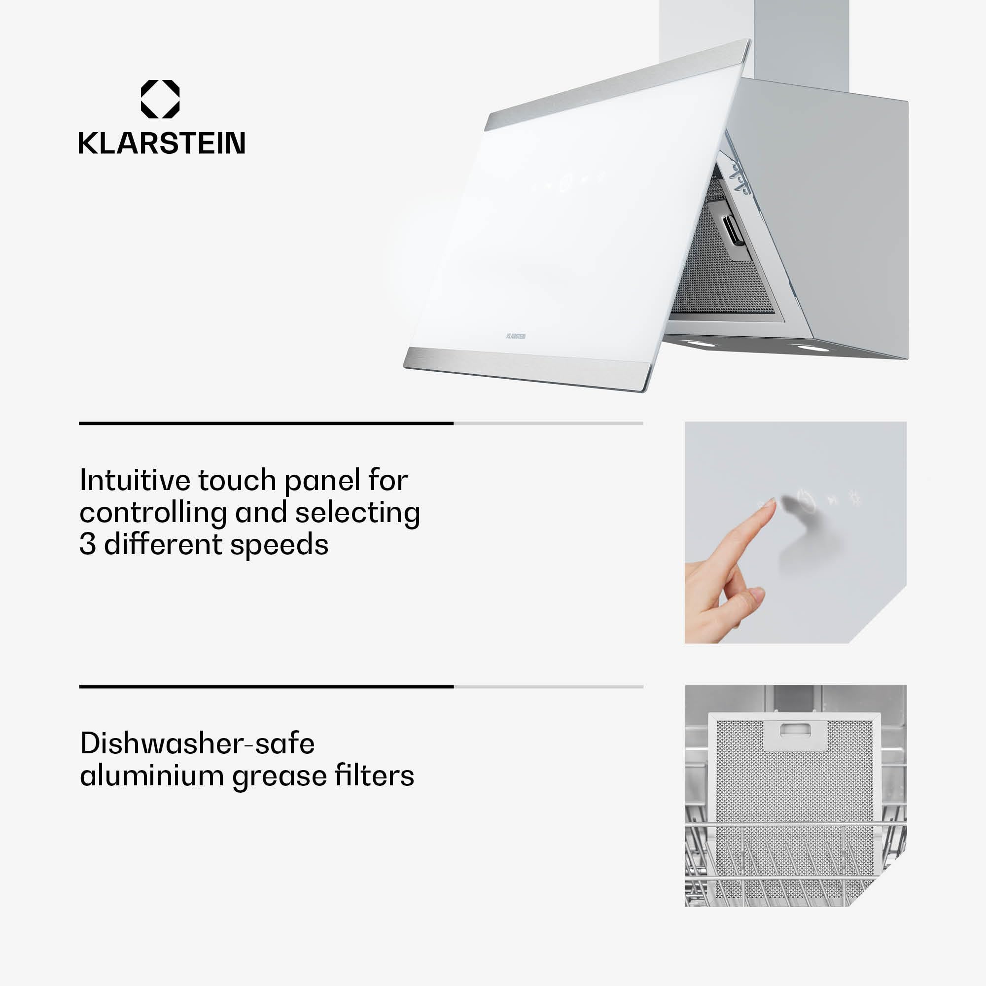 Klarstein FlashLine Okap kuchenny – Okap skośny 60 cm, Ekran dotykowy, Przepływ 578 m³/h, Klasa energetyczna A++, Oświetlenie LED, 34,5 dB, Biały, Tryb wyciągu i recyrkulacji