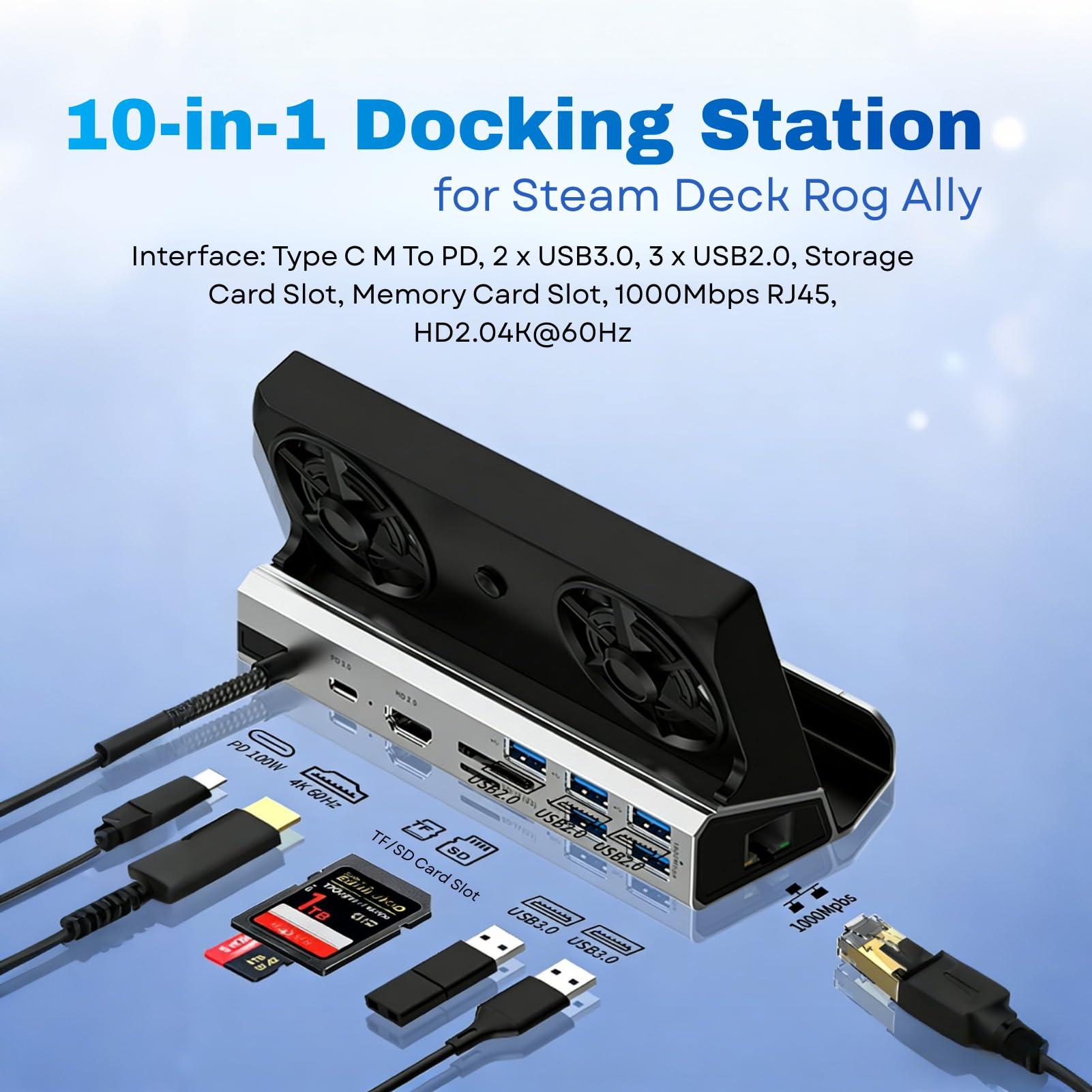Steam Deck Docking Station Rog Ally Dock 10 in 1 Hub USB C con doppia ventola di raffreddamento Interfaccia multimediale HD 4K 60 Hz Ricarica 100 W per configurazione di