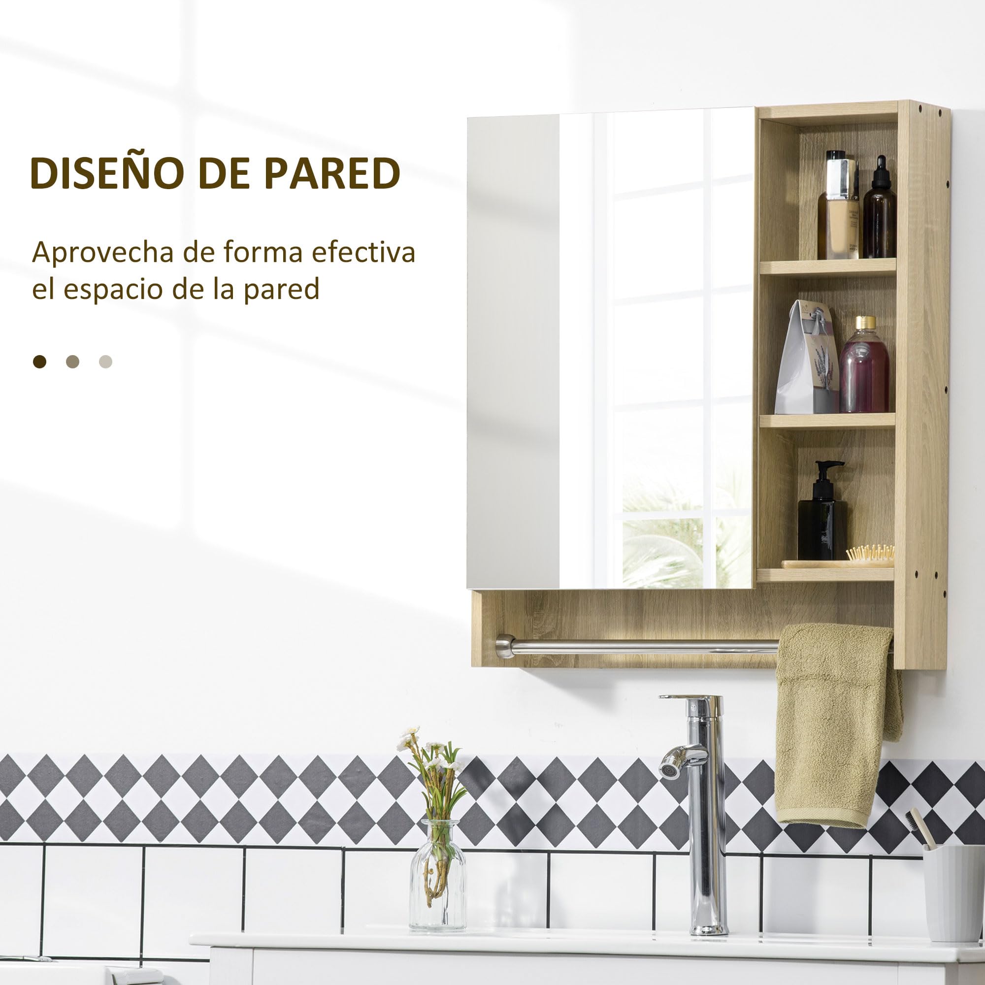 kleankin Armario de Baño con Espejo Armario de Pared con 1 Puerta Estante Ajustable Toallero y Compartimento Mueble de Baño Colgante para Salón 60x15x70 cm Roble