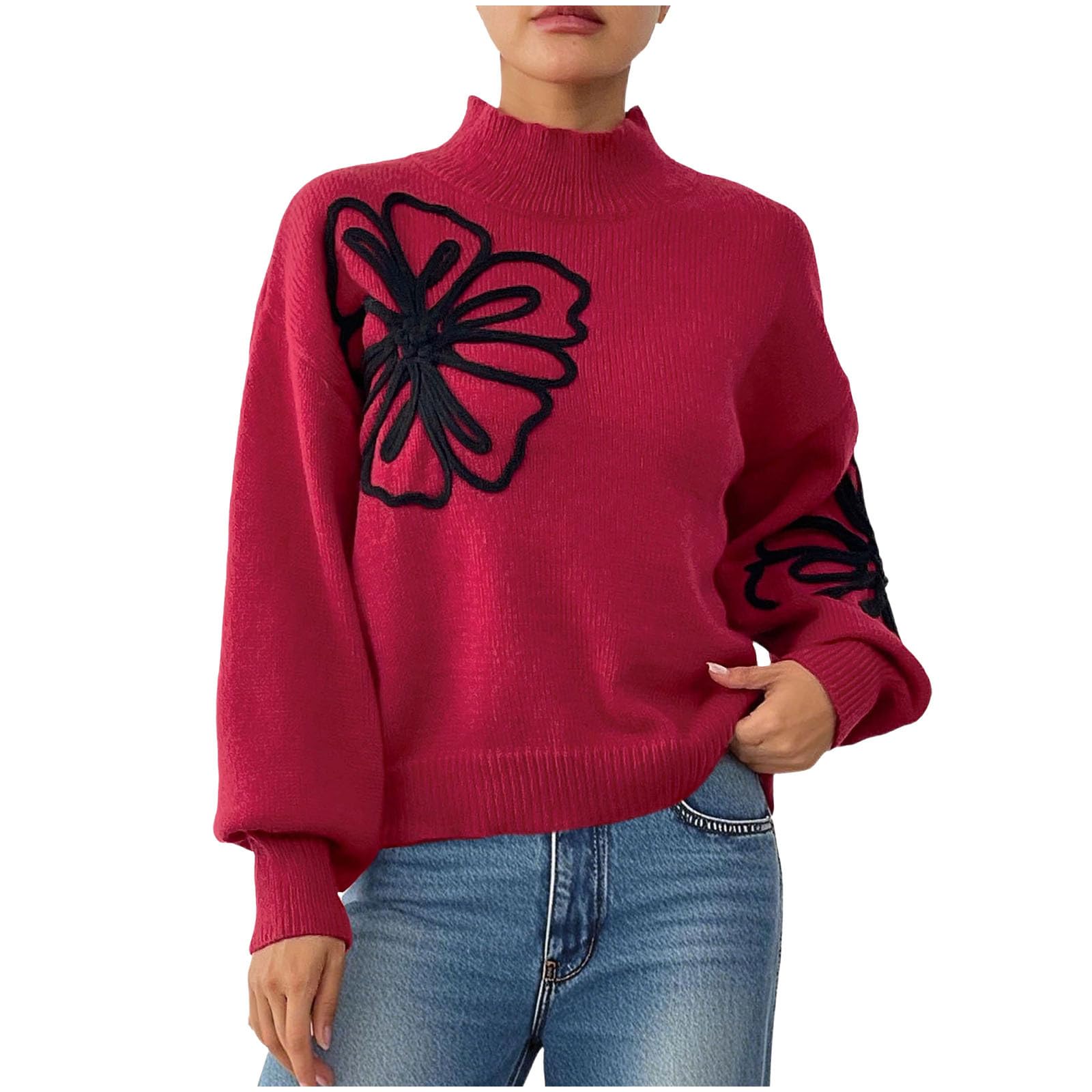 Vintage Sweaters for Women Floral Mock Neck Lantern Long Sleeve Sweaters Dressy Loose Pullover Knit Sweater Tops