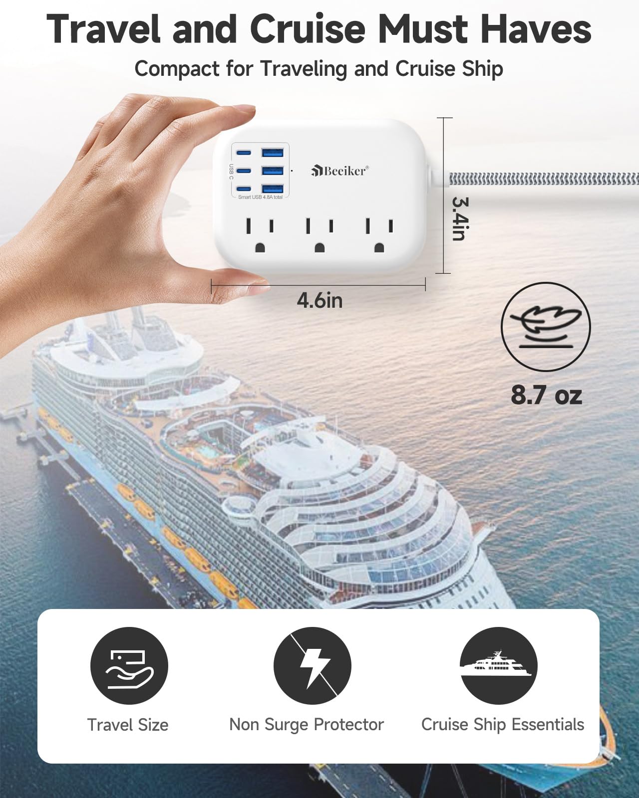 Zasilacz 6 USB (3 USB C), ładowarka podróżna z 6 stacjami ładującymi USB do komputera 24 W/4,8 A i 3 gniazdami, pleciony kabel przedłużający z płaskim złączem 5