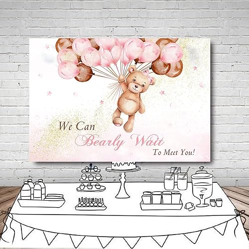 Miniatura 4 de MEHOFOND Telón de fondo para baby shower con texto en inglés "We Can Bearly Wait to Meet You" de 10 x 7 pies, globos rosas y marrones, purpurina