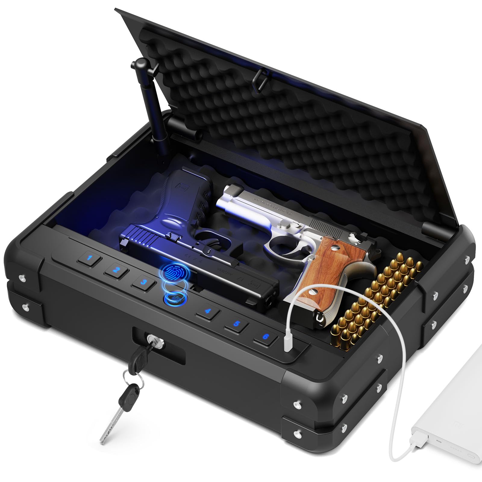 Upgraded 14LB Heavy Duty Biometric Gun Safe for 3-4 Pistols, Quick Access Pistol Safe with USB-C Port and Backlit Digital Keypad, Portable Handgun Safe with Mute Mode for Home Bedside Car