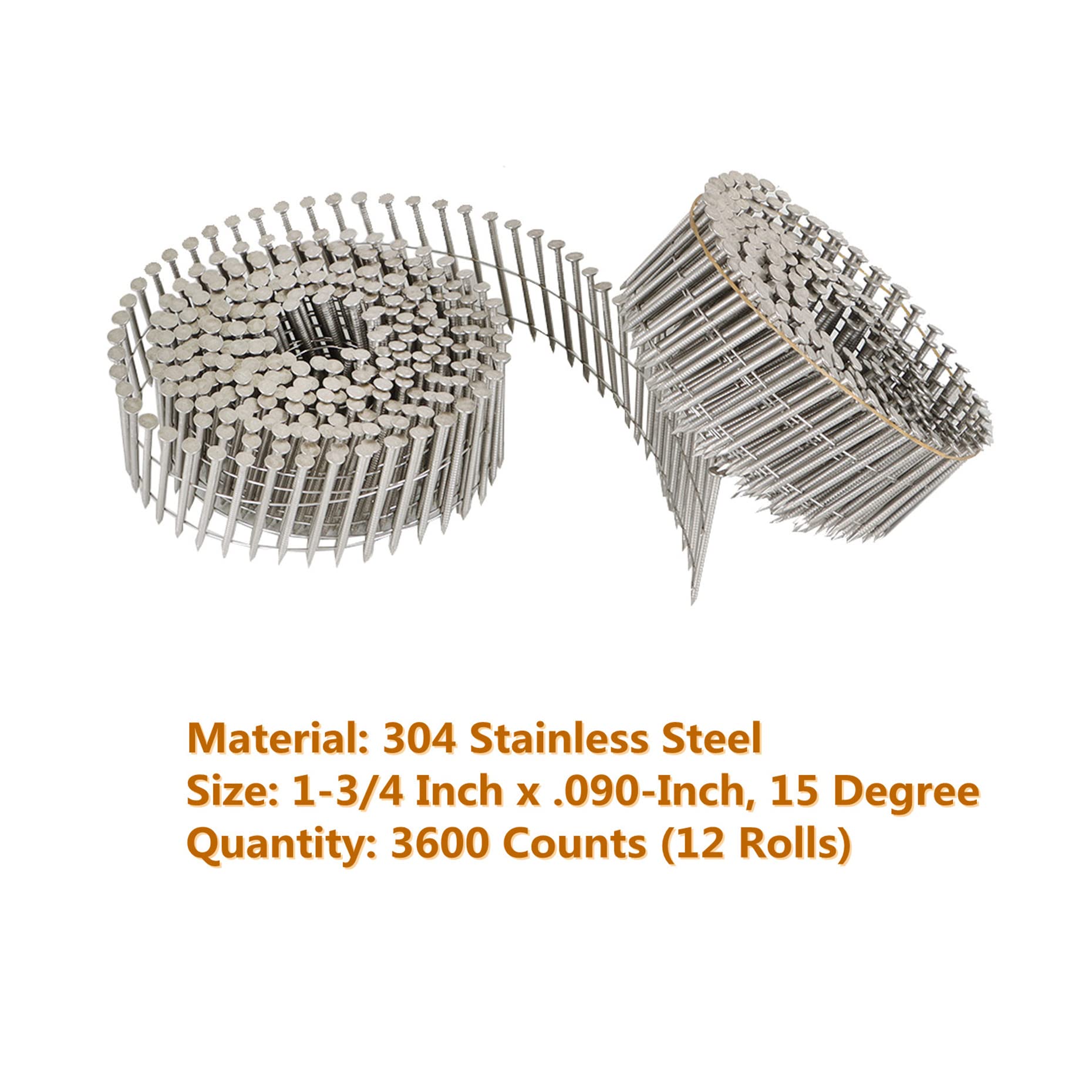 Kimllier 3600 Count Stainless Steel Coil Roofing Nails - 15-Degree 1-3/4-Inch Ring Shank Siding Nails (12 Rolls)
