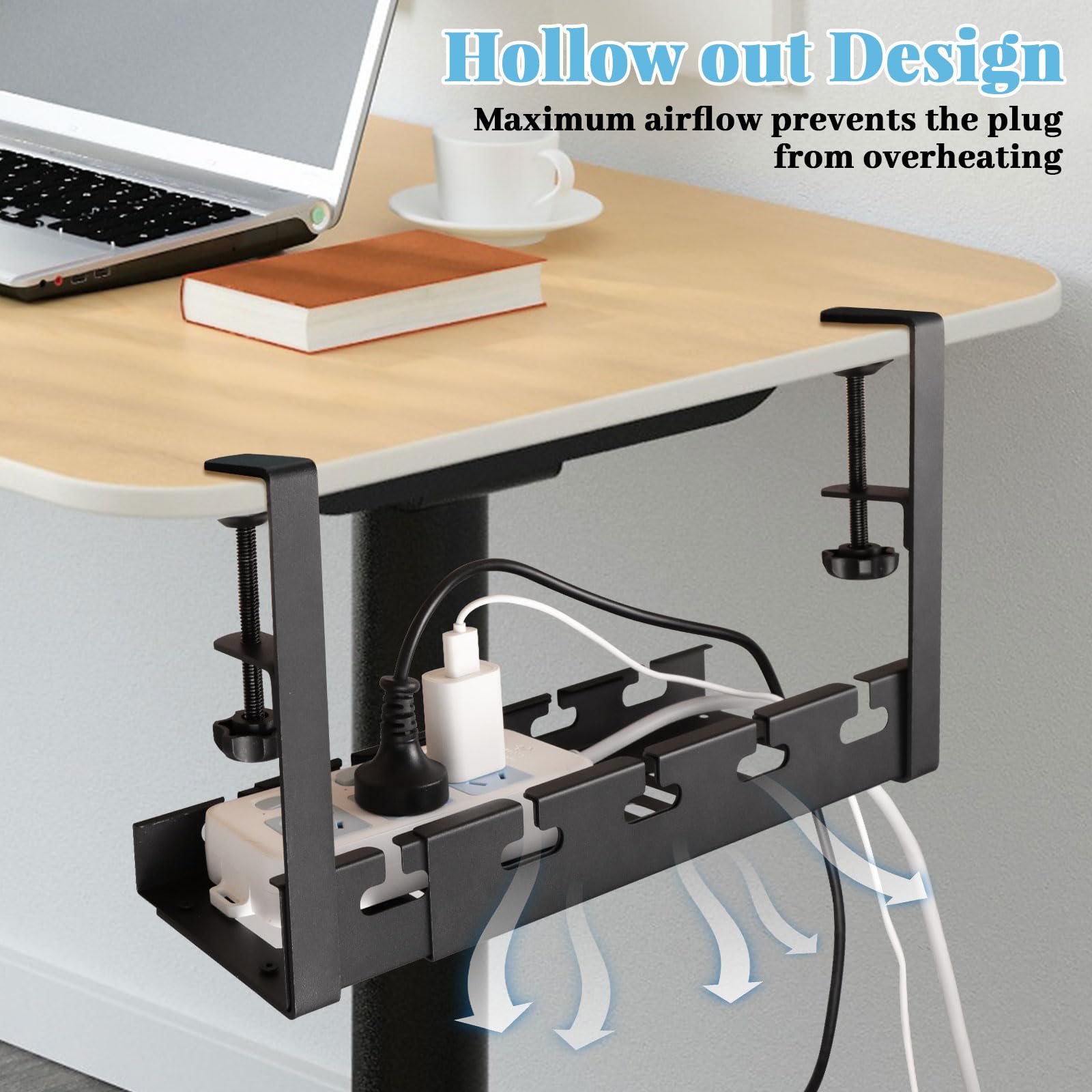 Cable Management, Plateau de Gestion des Câbles sous Bureau sans Perçage, Rétractable 28,7cm-55cm, Organisateur de Câbles et Multiprises pour Bureau à Domicile, Noir