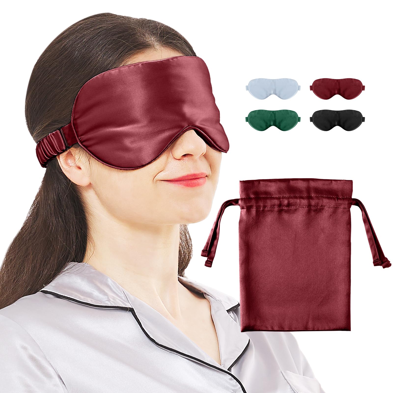 MIWENMIWEN Silk Eye Sleeping Mask, Travel Mask, Eye Covers for Sleeping, Organic Sleep mask, Real Adjustable Band, and Luxury Travel Bag (Red Wine)