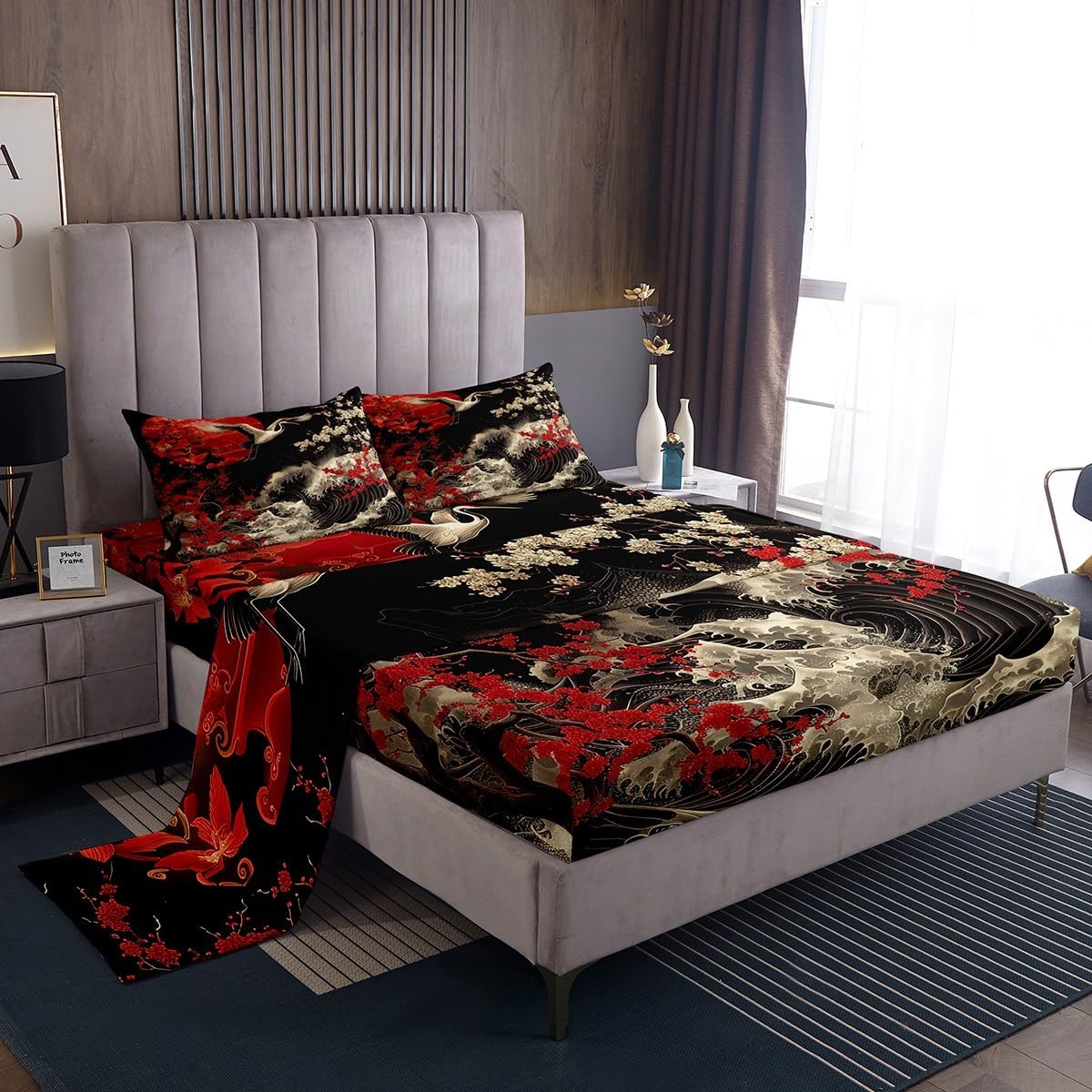 Erosebridal Oriental Cherry Blossoms Bed Sheets Set Japanese Asian Print Queen Sheet Set, Black and Red Sheets Chic Crane Bed Set, Ocean Waves Flat Sheet
