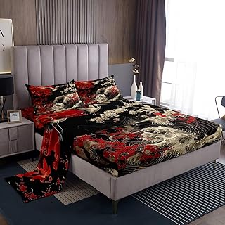 Erosebridal queen sheets with cherry blossoms, cranes, and ocean-wave imagery
