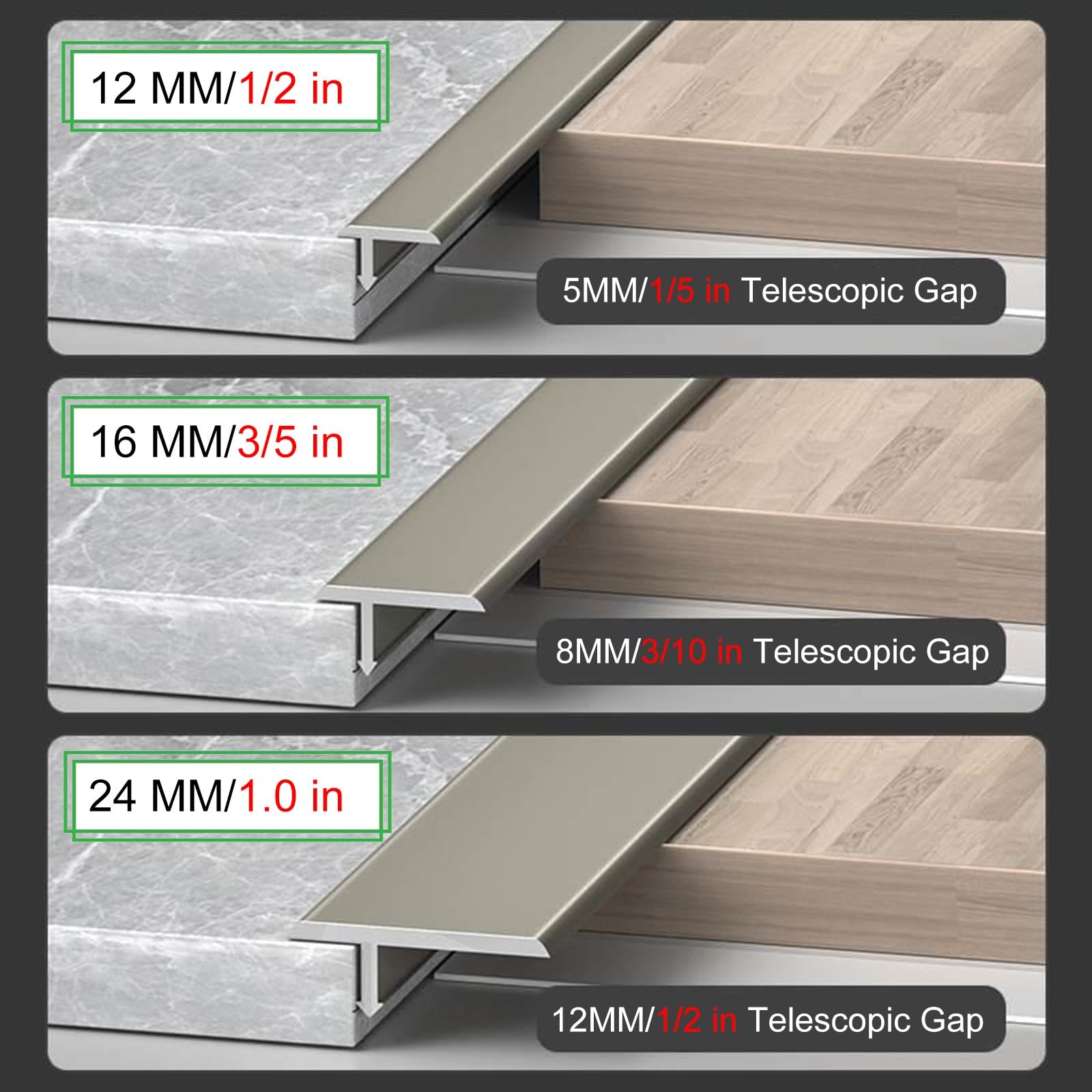 Aluminiowa czarna listwa progowa w kształcie litery T do desek laminowanych, płytek, betonu, długość 100 cm, szerokość 3/12,7 cm, chowana płaska listwa rozdzielająca do łączenia szczelin podłogowych,
